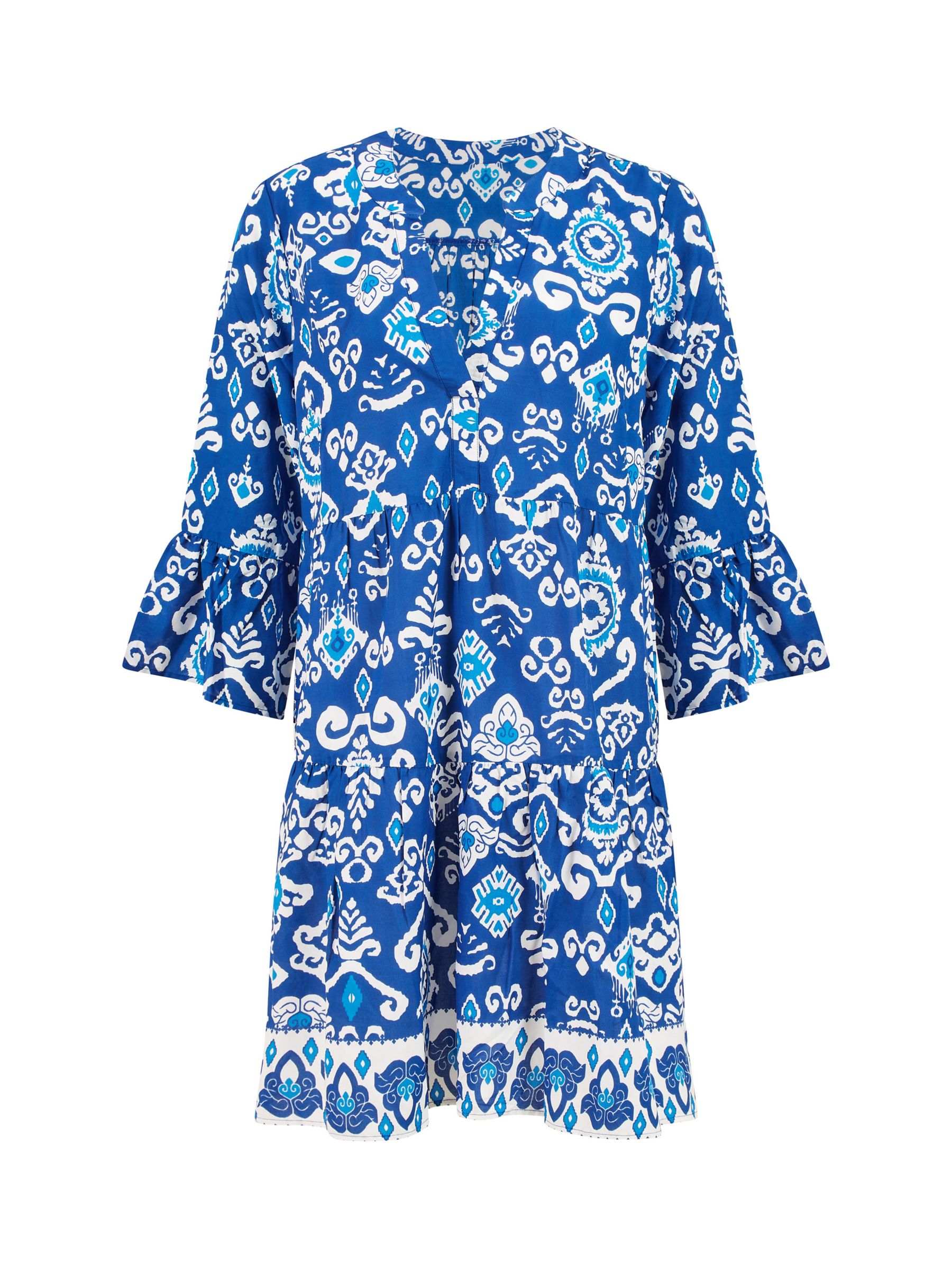 Yumi Ikat Print Modal Mini Dress, Blue/White, 8