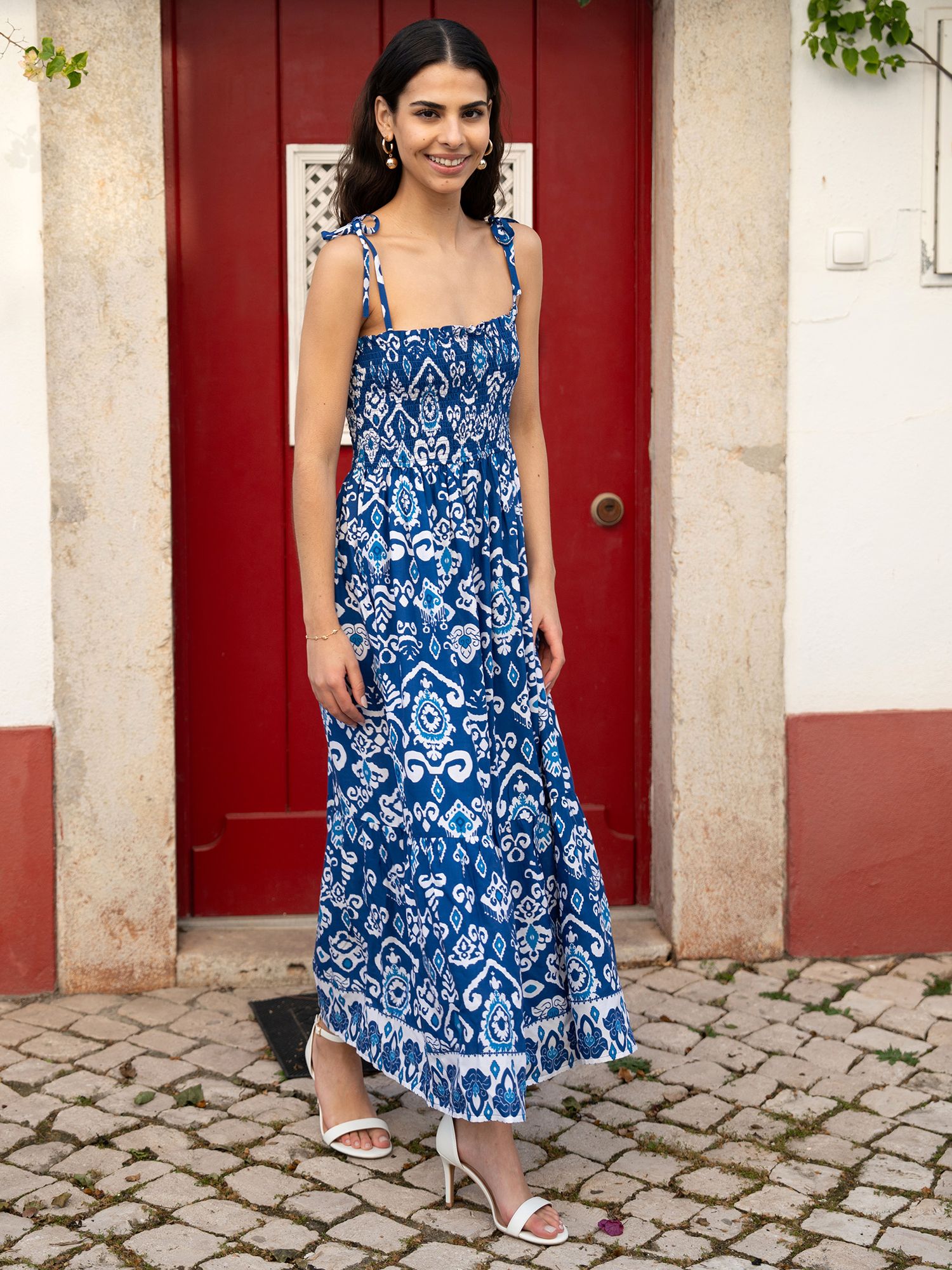 Yumi Ikat Print Maxi Sun Dress, Blue/White, 8