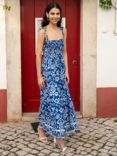 Yumi Ikat Print Maxi Sun Dress, Blue/White