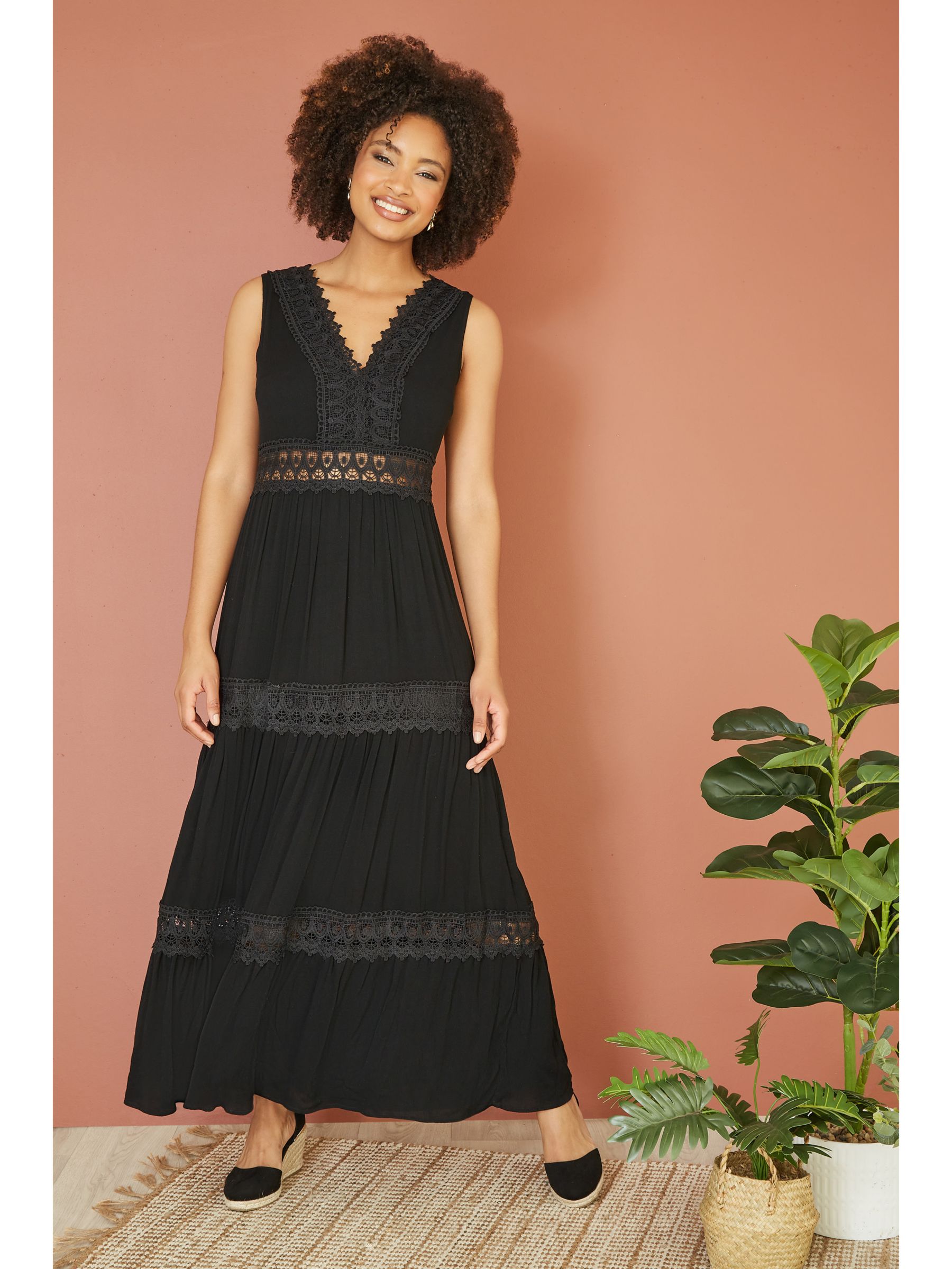 Yumi Lace Trim Cotton Maxi Sundress, Black, S