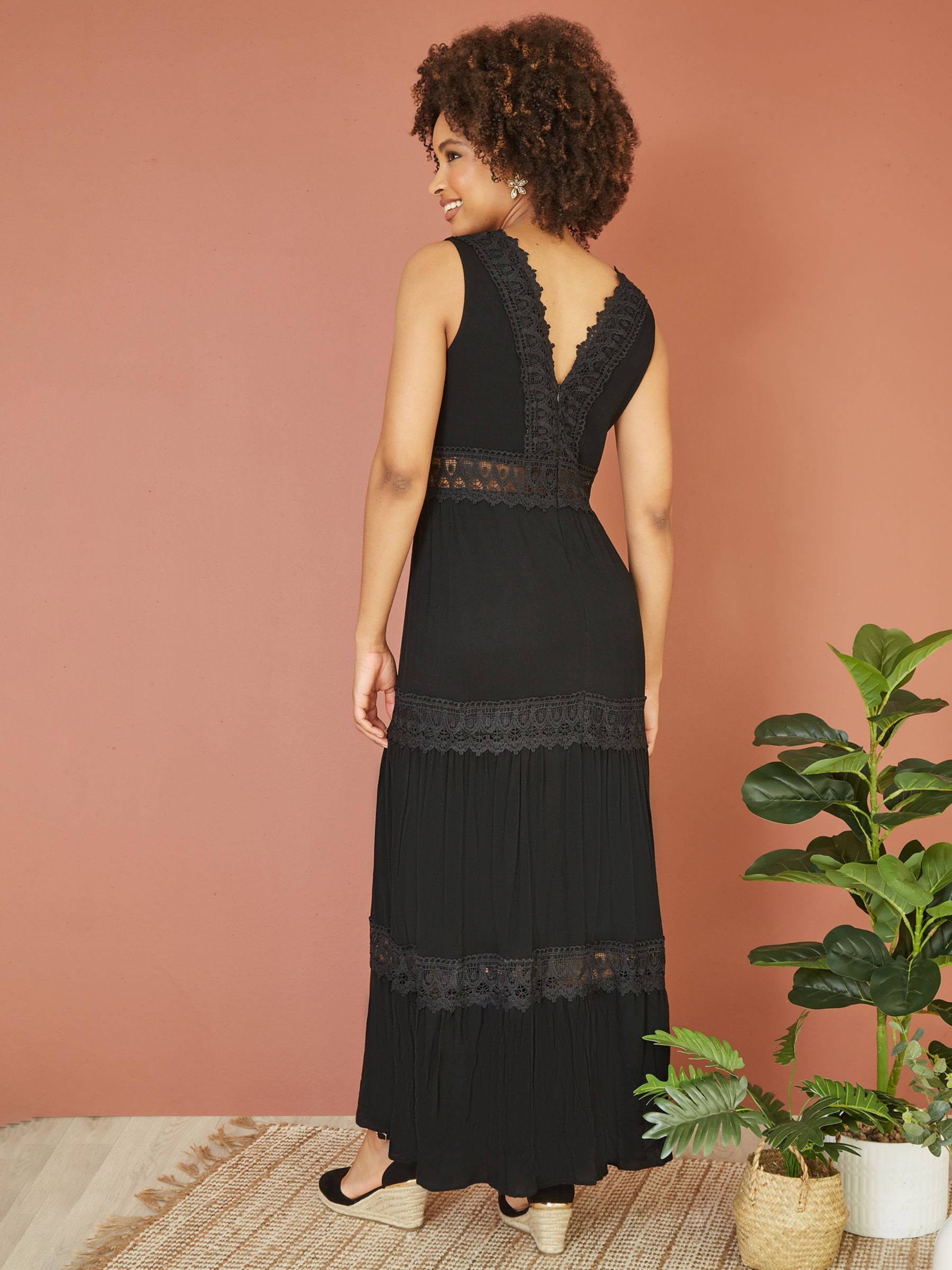 Yumi Lace Trim Cotton Maxi Sundress, Black, S