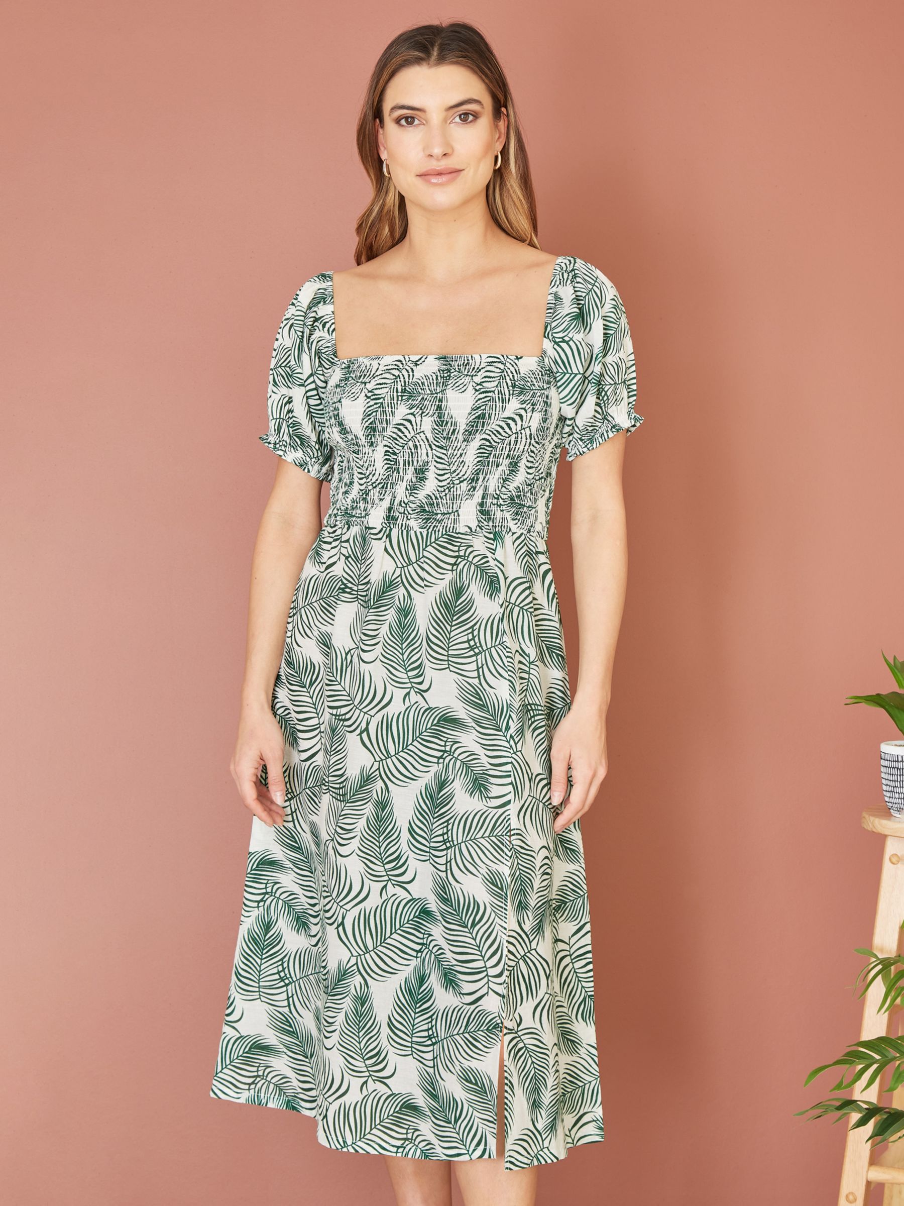 Yumi Organic Cotton Palm Leaf Print Midi Dress, Green, 8