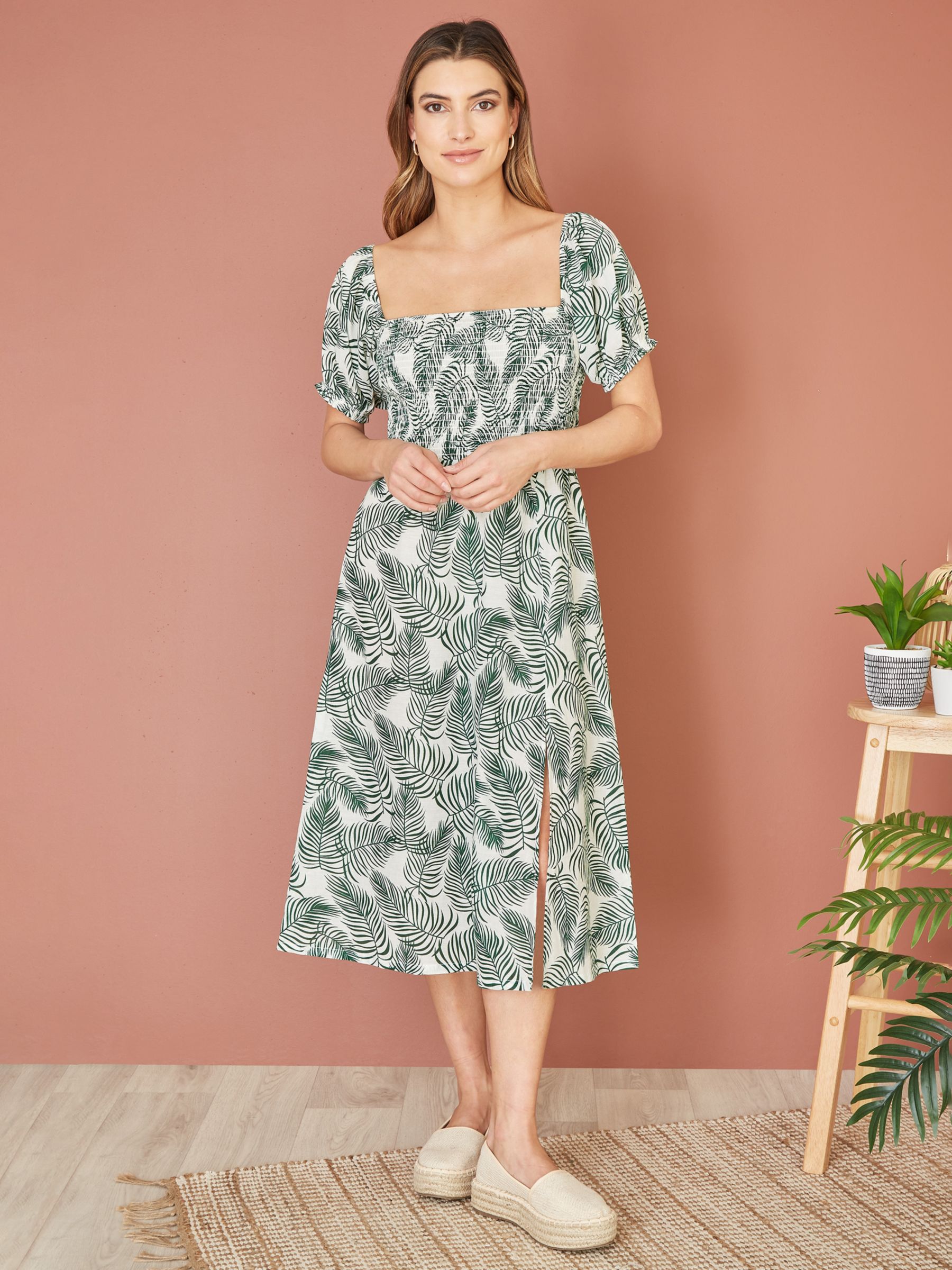 Yumi Palm Leaf Print Midi Dress, Green, 8
