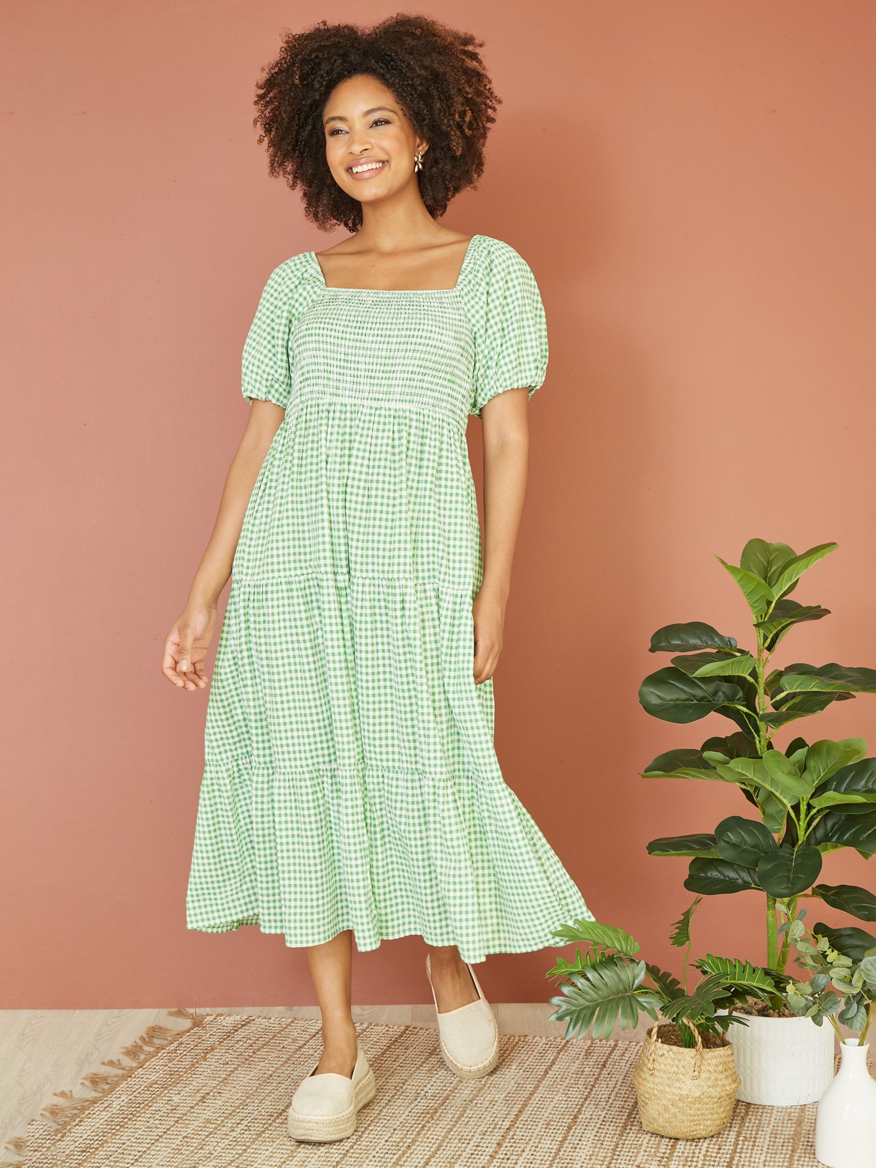 Yumi Gingham Smock Midi Dress, Green, 8