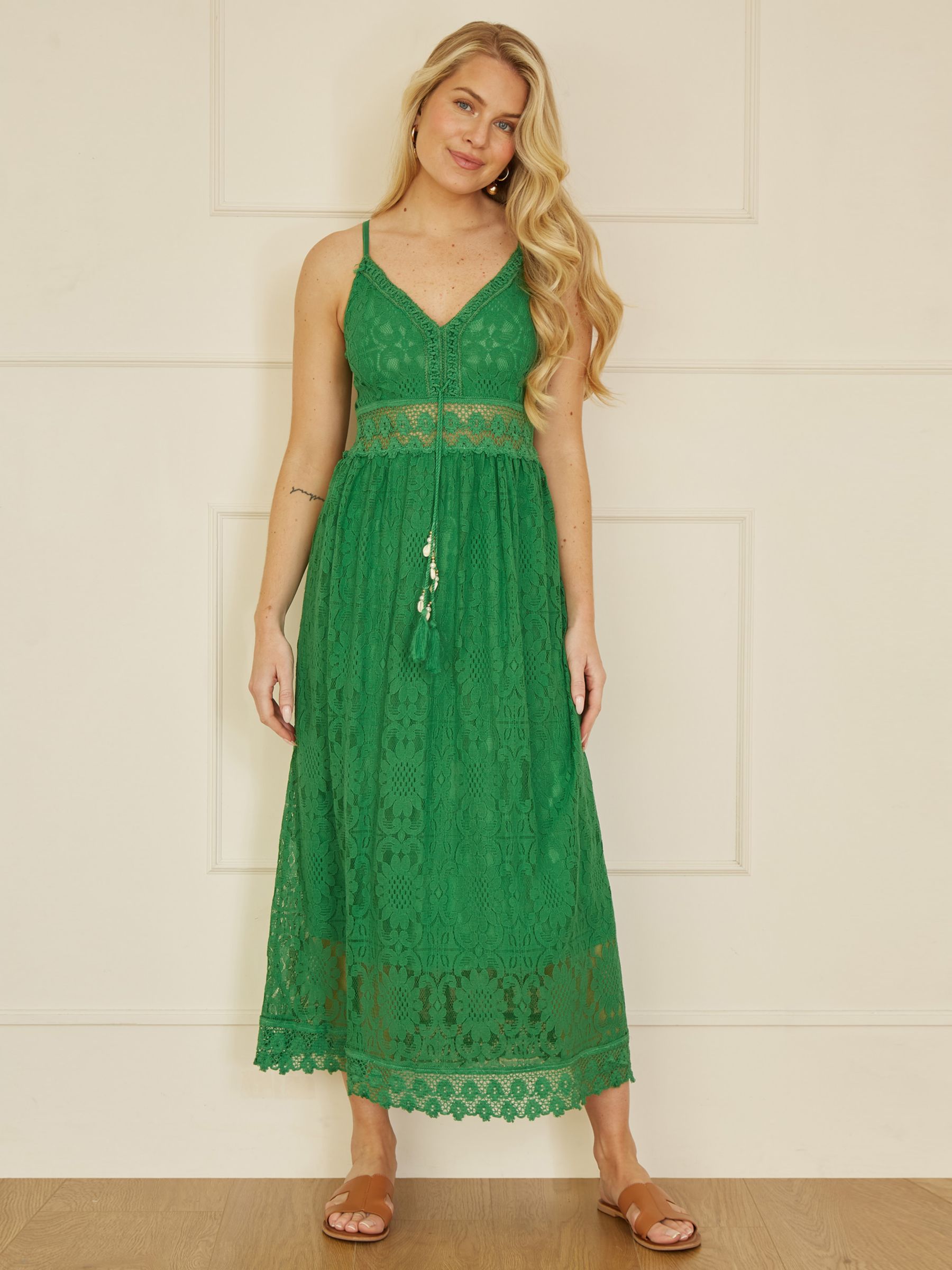 Yumi Cotton Blend Embroidered Midi Sundress, Green, S
