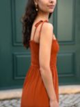 Yumi Tie Strap Sleeves Midi Sun Dress, Burnt Orange