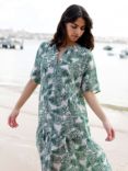Yumi Organic Cotton Leaf Print Tiered Tunic Midi Dress, Green