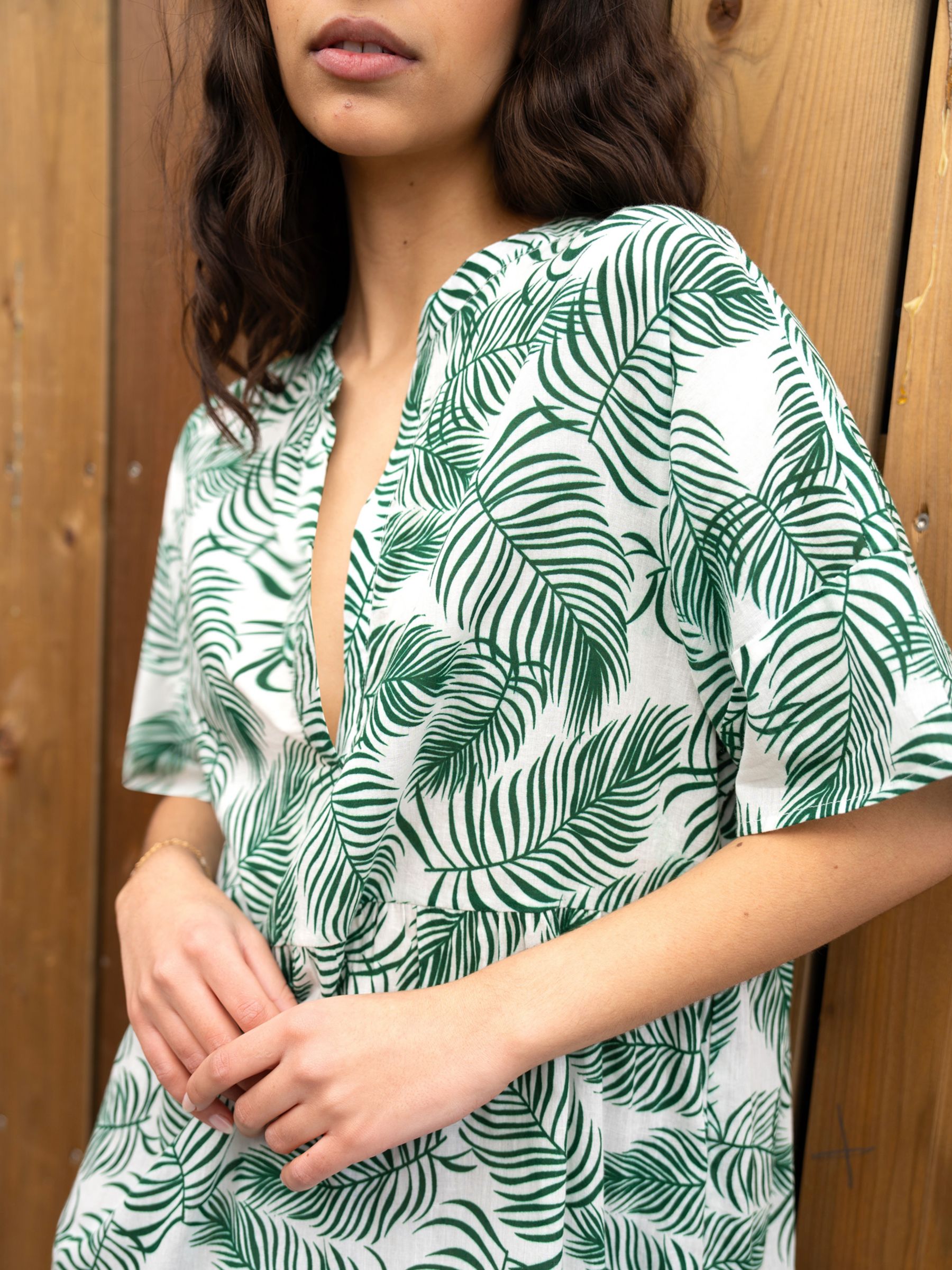 Yumi Organic Cotton Leaf Print Tiered Tunic Midi Dress, Green, 8