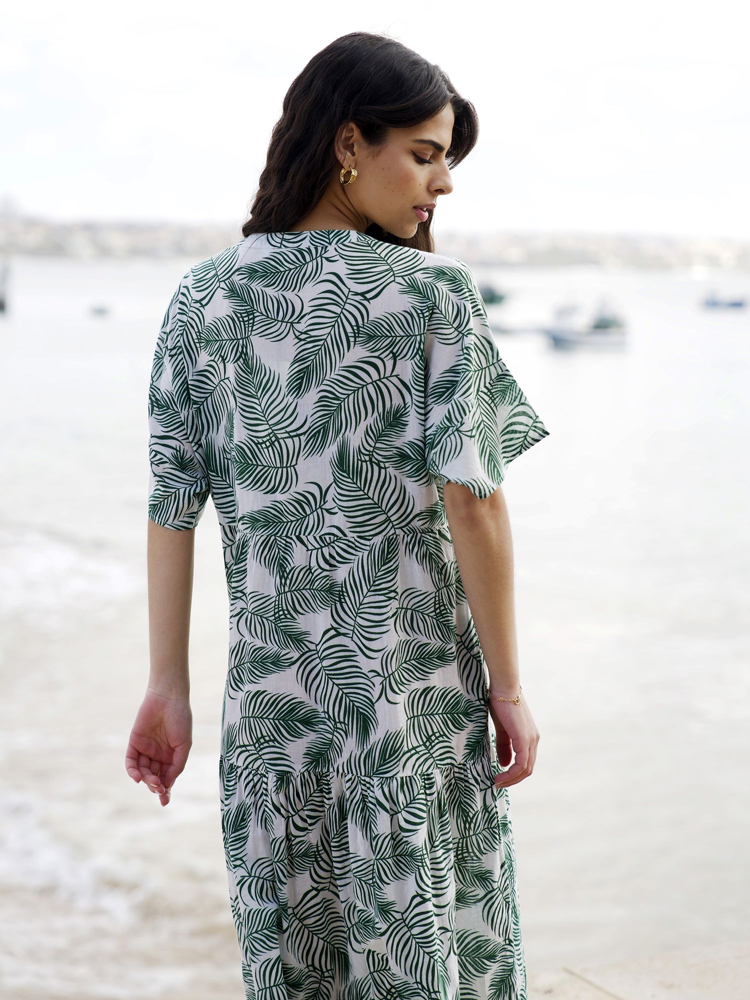 Yumi Leaf Print Tiered Tunic Midi Dress, Green, 8