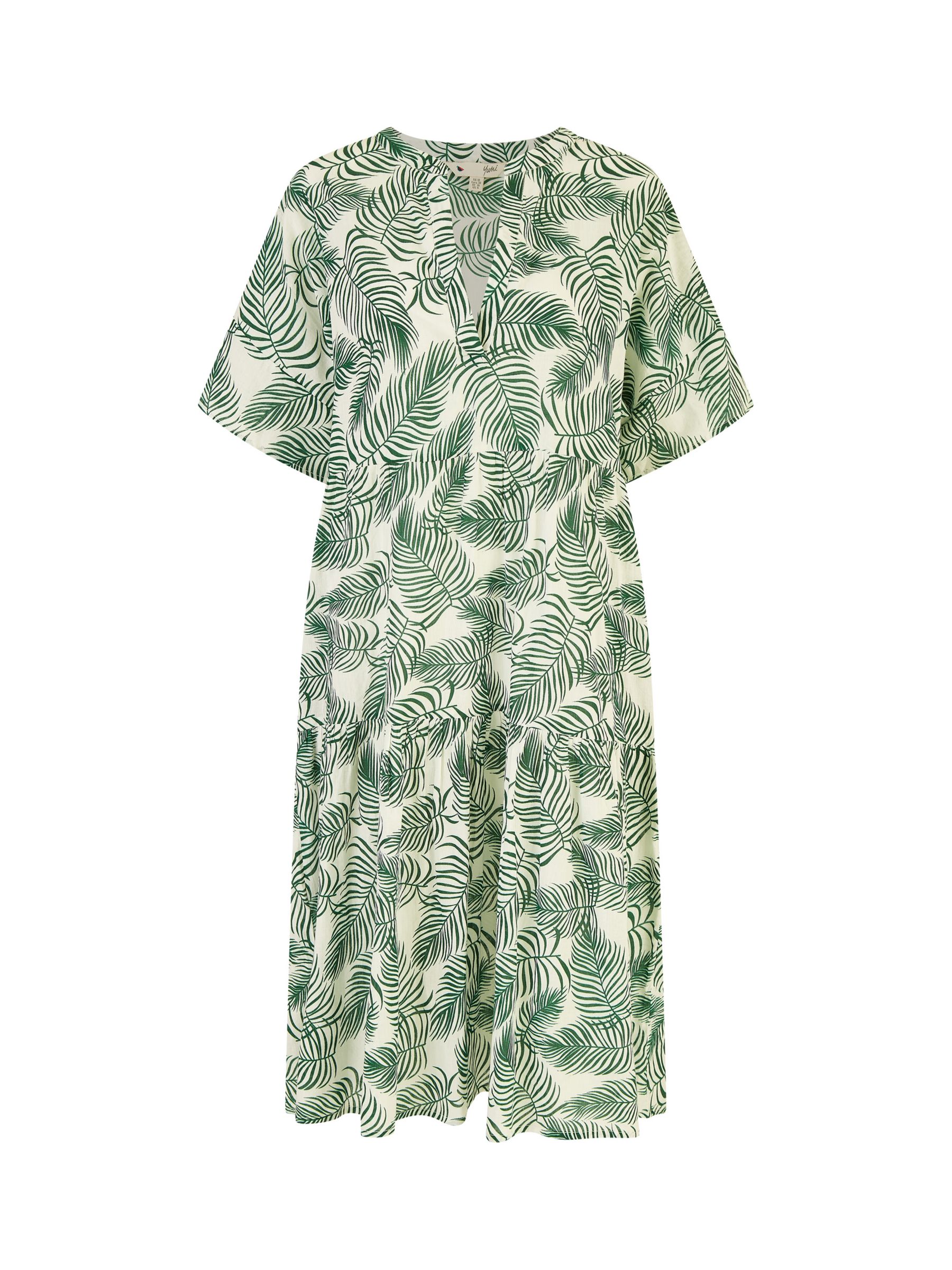 Yumi Organic Cotton Leaf Print Tiered Tunic Midi Dress, Green, 8