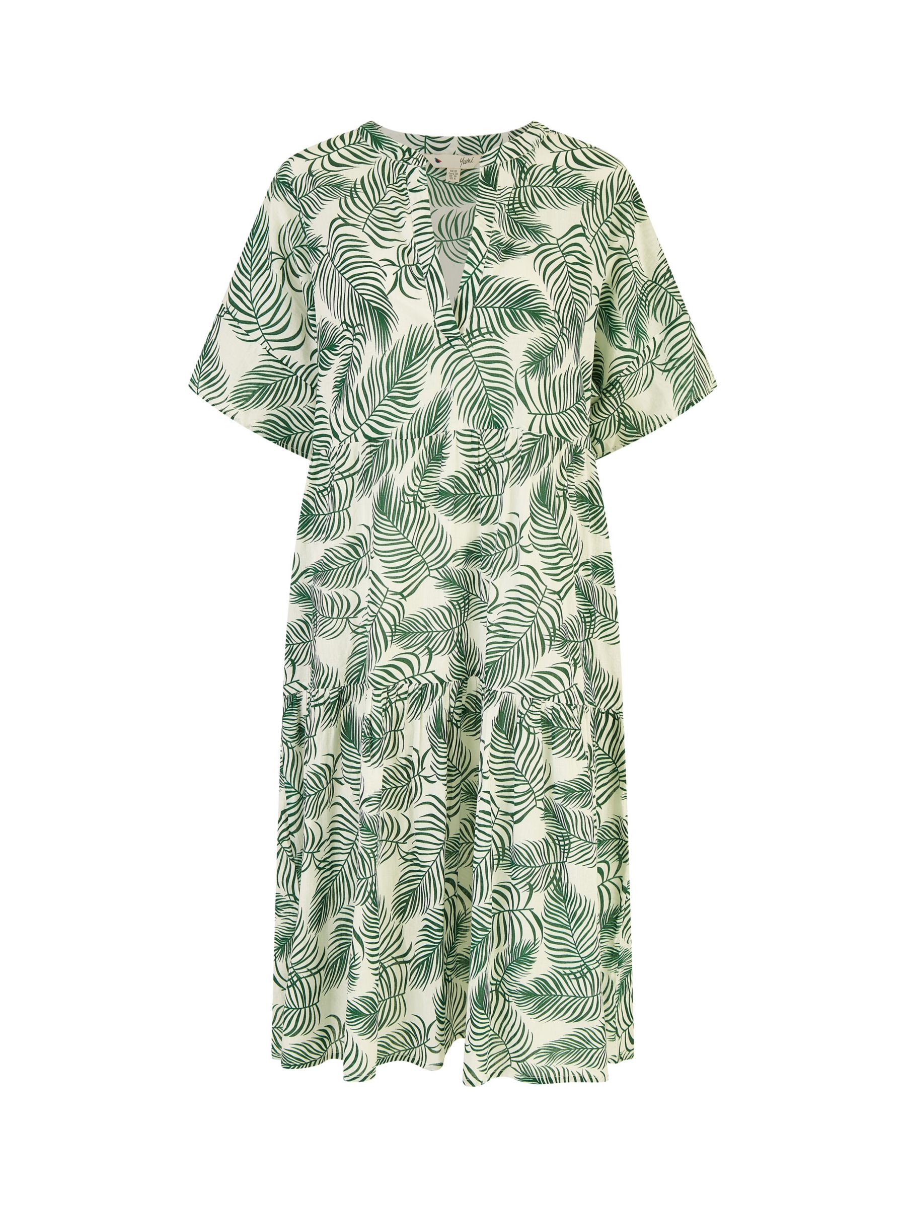 Yumi Organic Cotton Leaf Print Tiered Tunic Midi Dress, Green