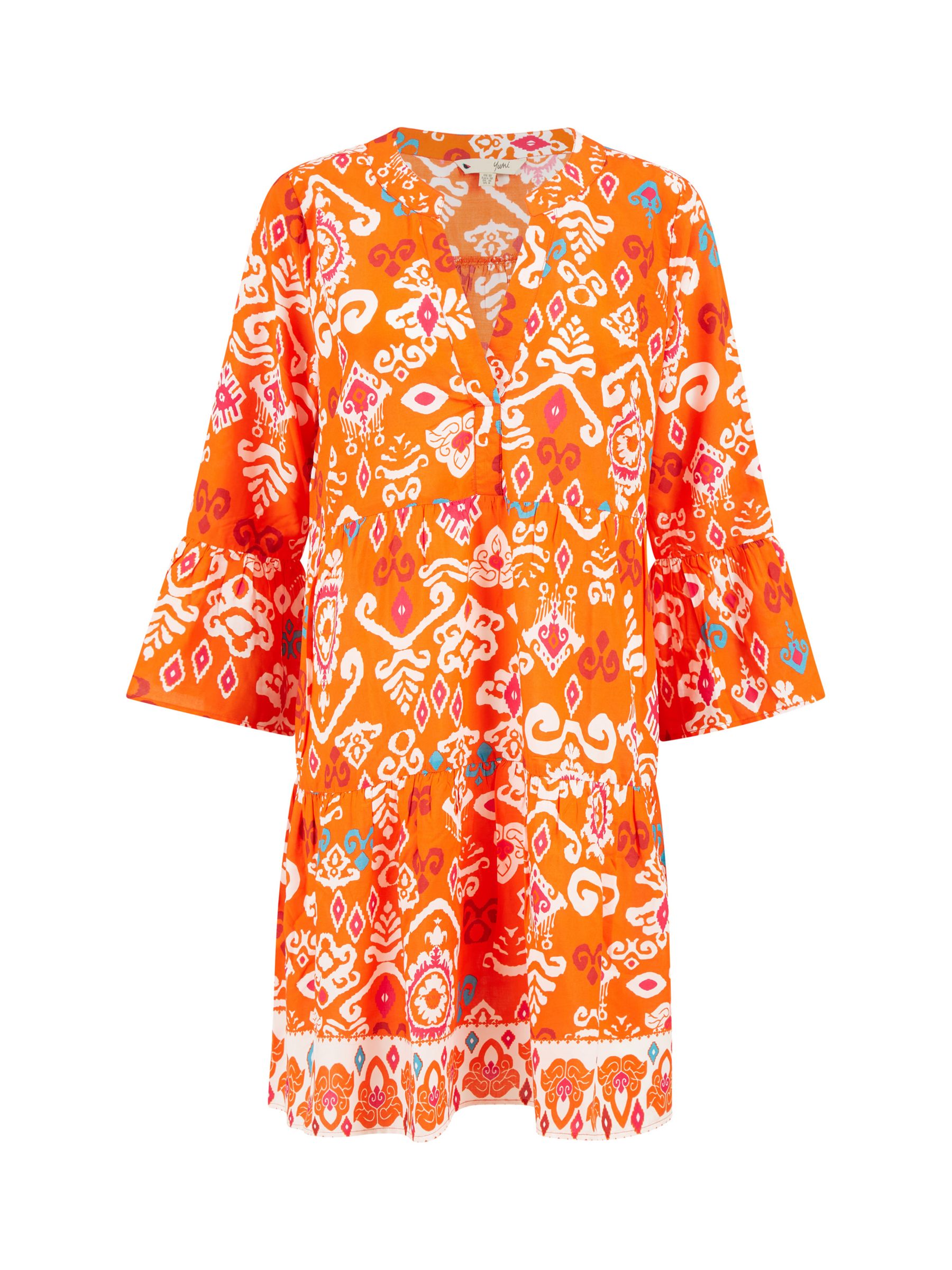 Yumi Ikat Print Mini Tunic Dress, Orange, 8