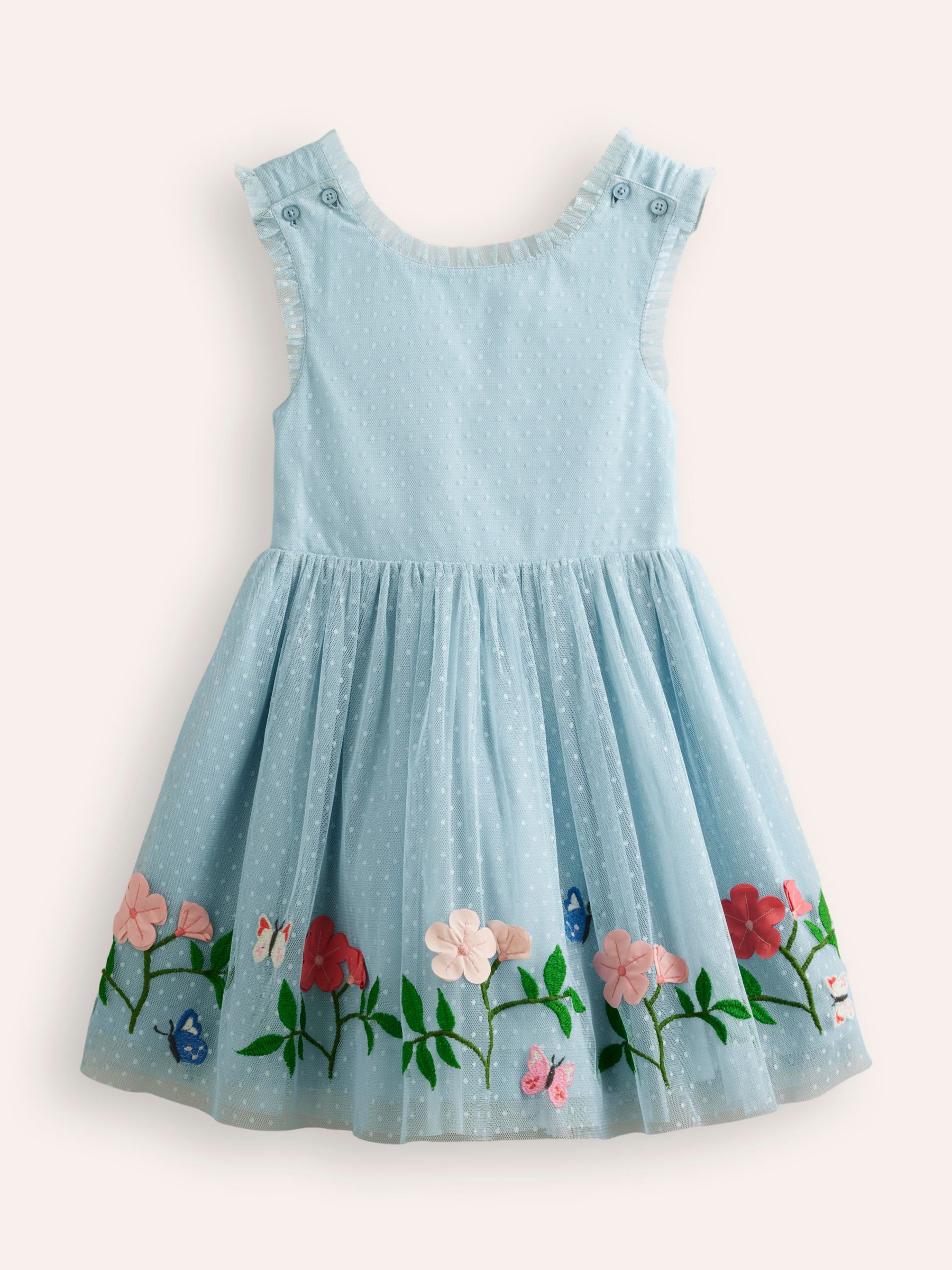 Mini Boden Kids' Tulle Floral Embroidered Cross Back Dress, Vintage Blue, 2-3 years