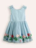 Mini Boden Kids' Tulle Floral Embroidered Cross Back Dress, Vintage Blue