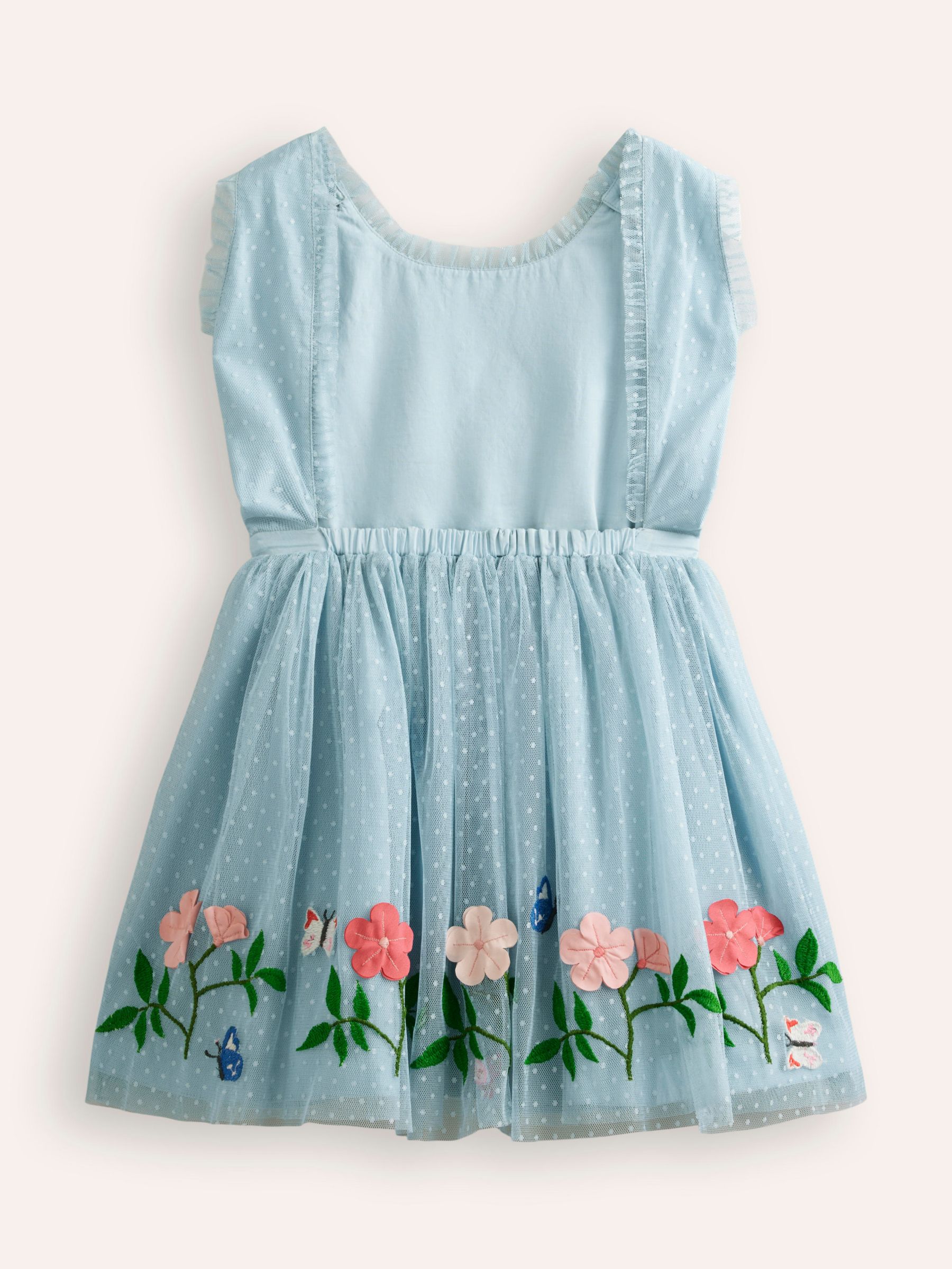 Mini Boden Kids' Tulle Floral Embroidered Cross Back Dress, Vintage Blue, 2-3 years
