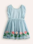 Mini Boden Kids' Tulle Floral Embroidered Cross Back Dress, Vintage Blue