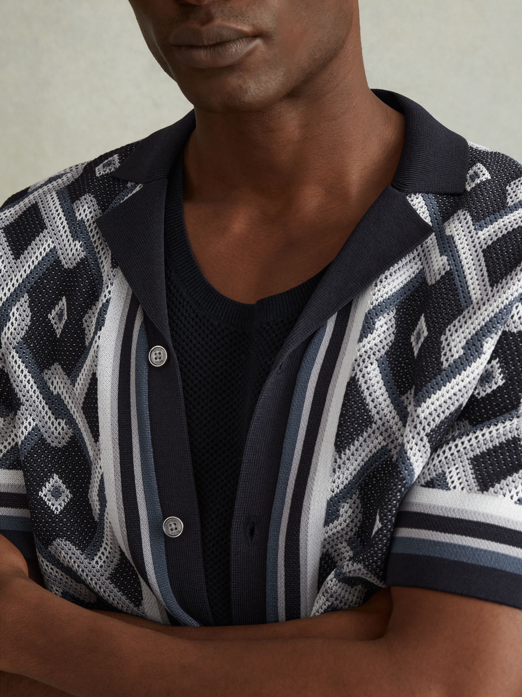Reiss Hyde Short Sleeve Textured Shirt, Navy, XS