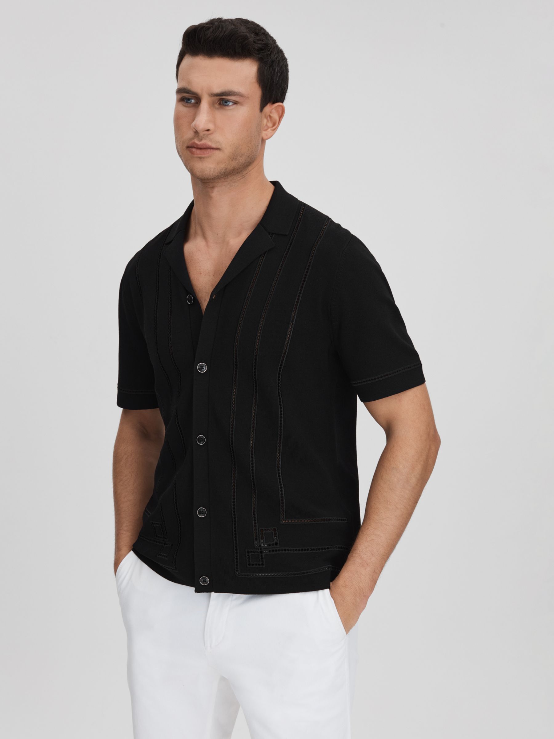 Reiss Heartwood Short Sleeve Embroidered Shirt, Black, XS