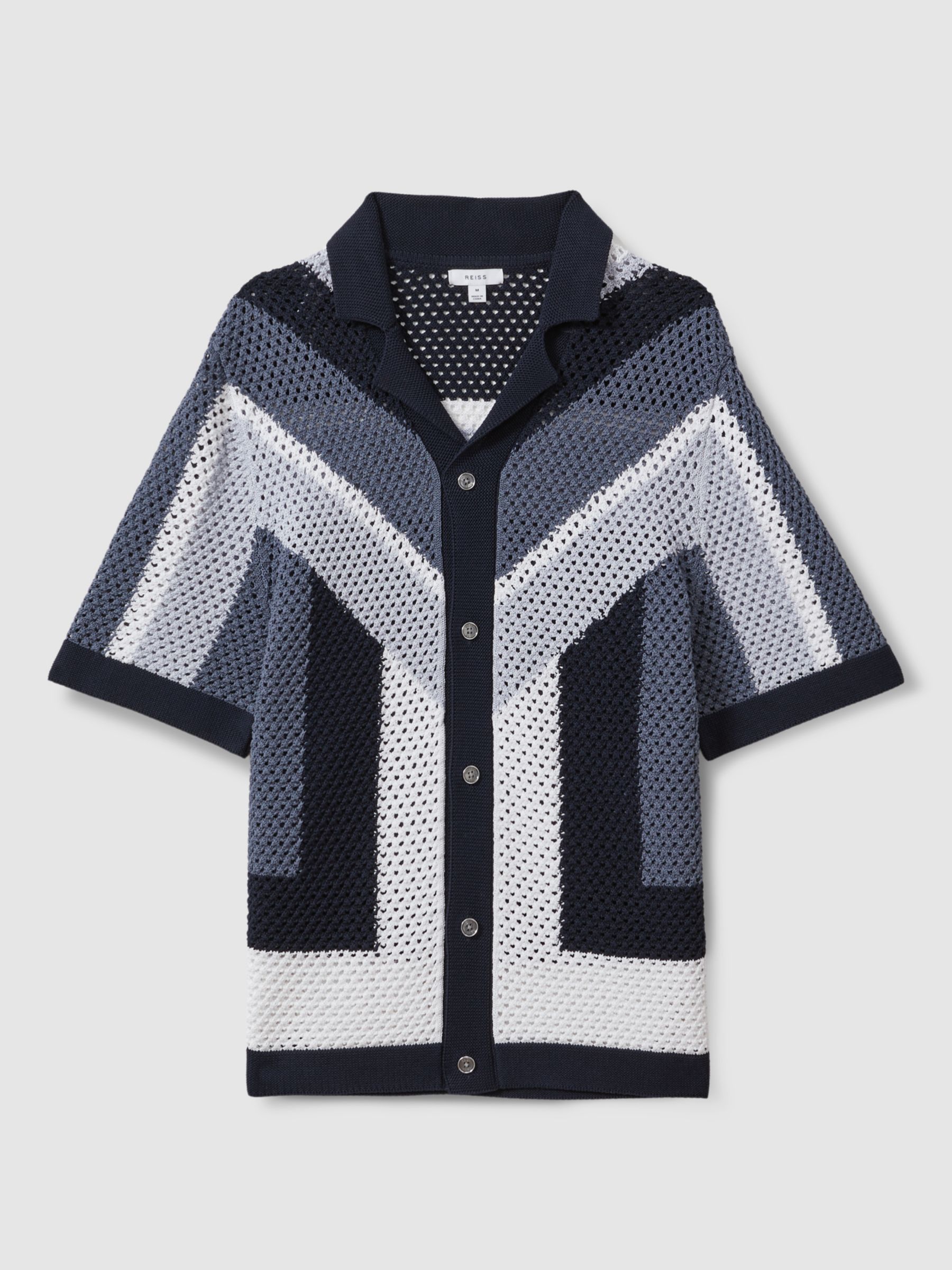 Reiss Panko Short Sleeve Crotchet Shirt, Navy/Multi, XS
