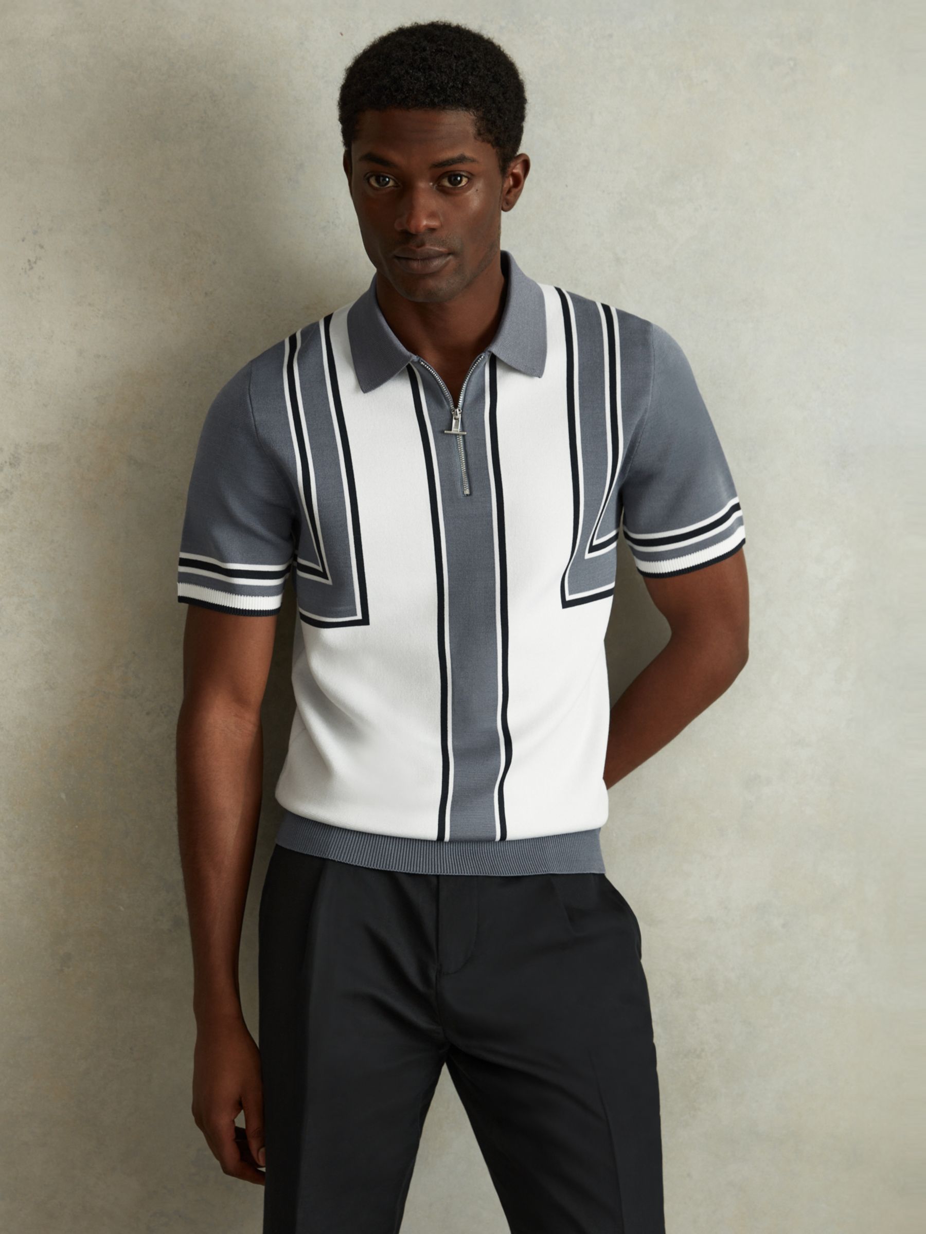 Reiss Orion Short Sleeve Half Zip Polo Shirt, Blue/Multi, XS