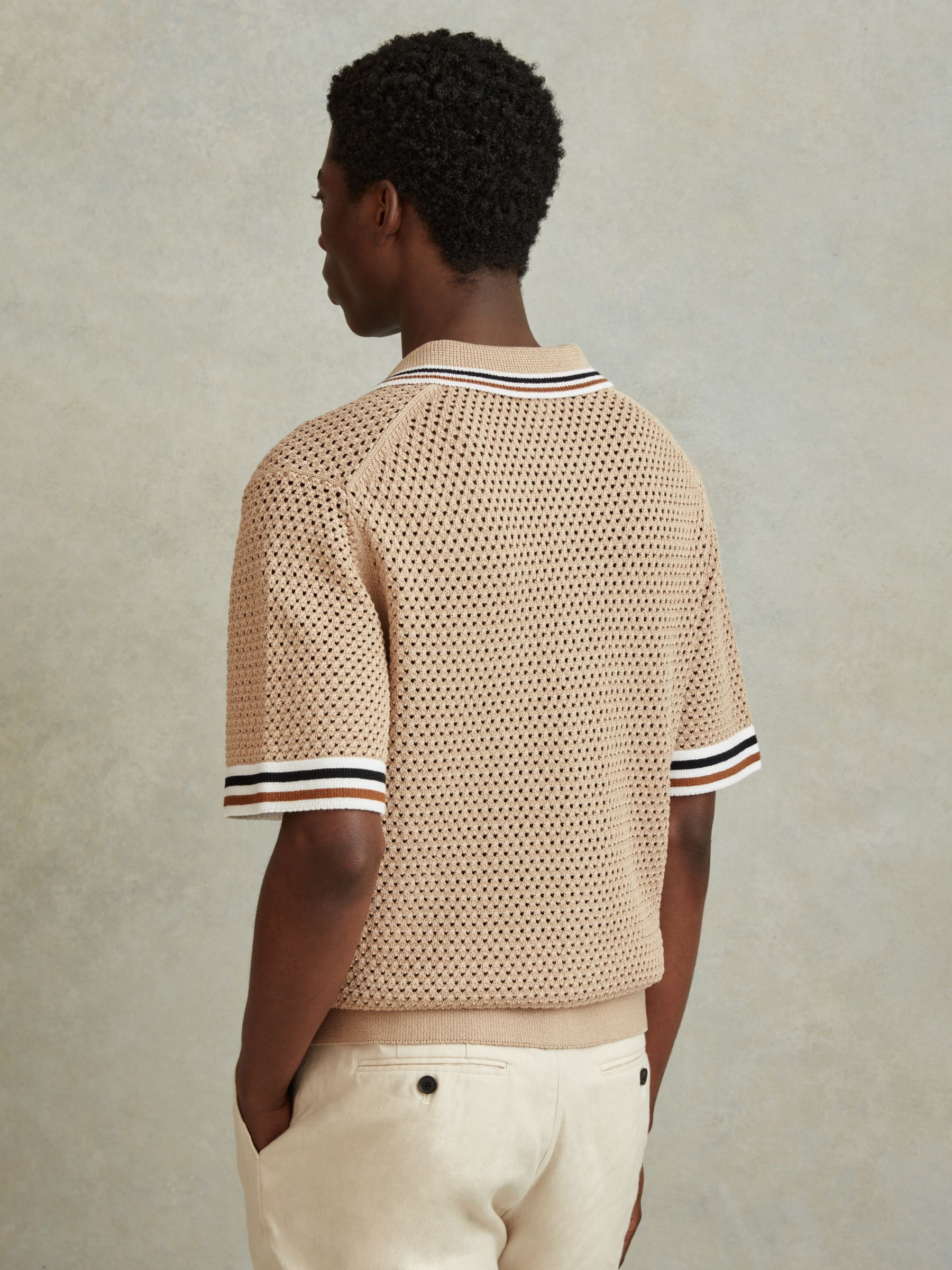 Reiss Coulson Short Sleeve Crochet Tipped Shirt, Soft Taupe, XS