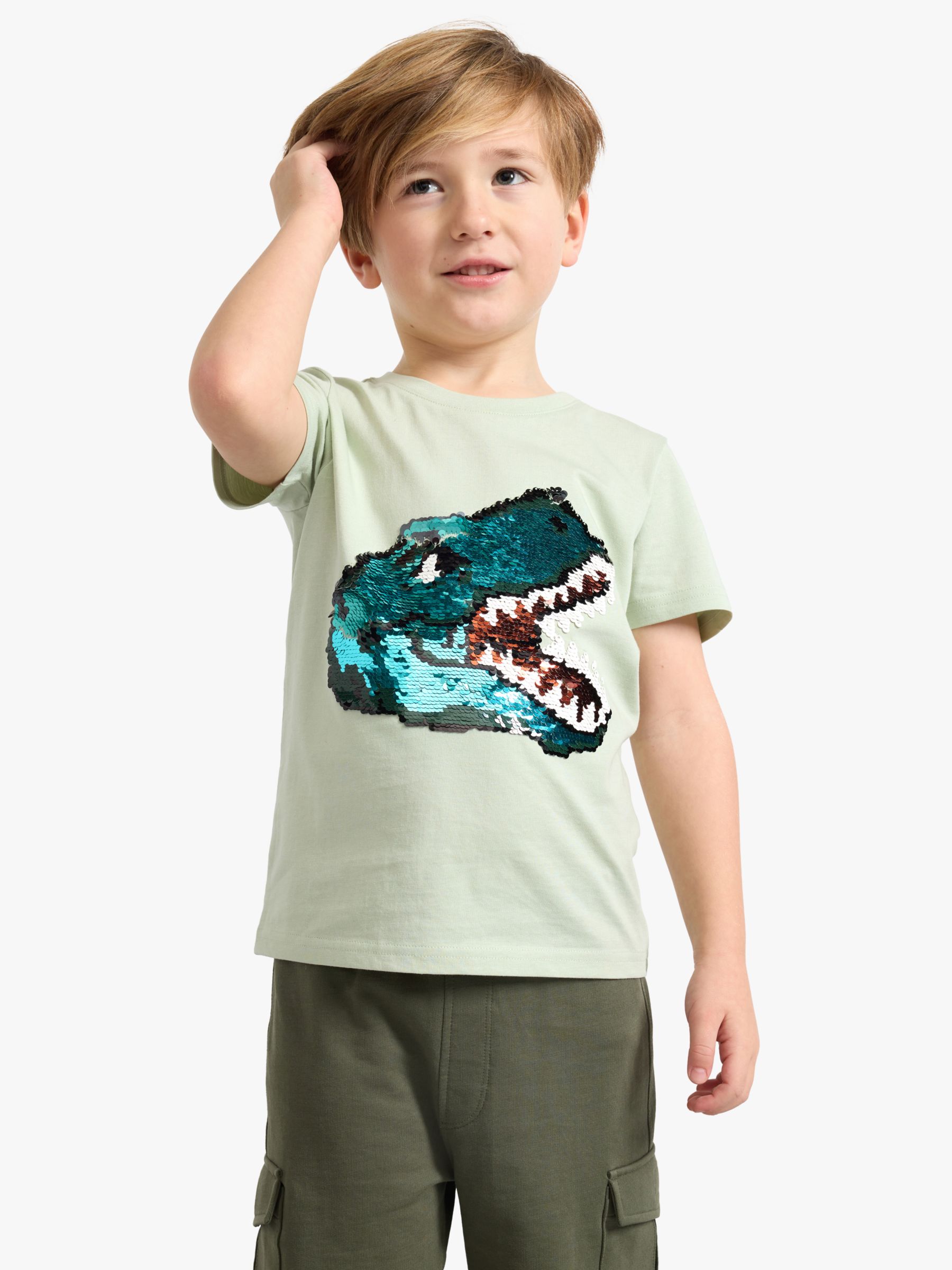 Lindex Kids' Dinosaur Reversible Sequin Short Sleeve T-Shirt, Dusty Green, 6-8 years