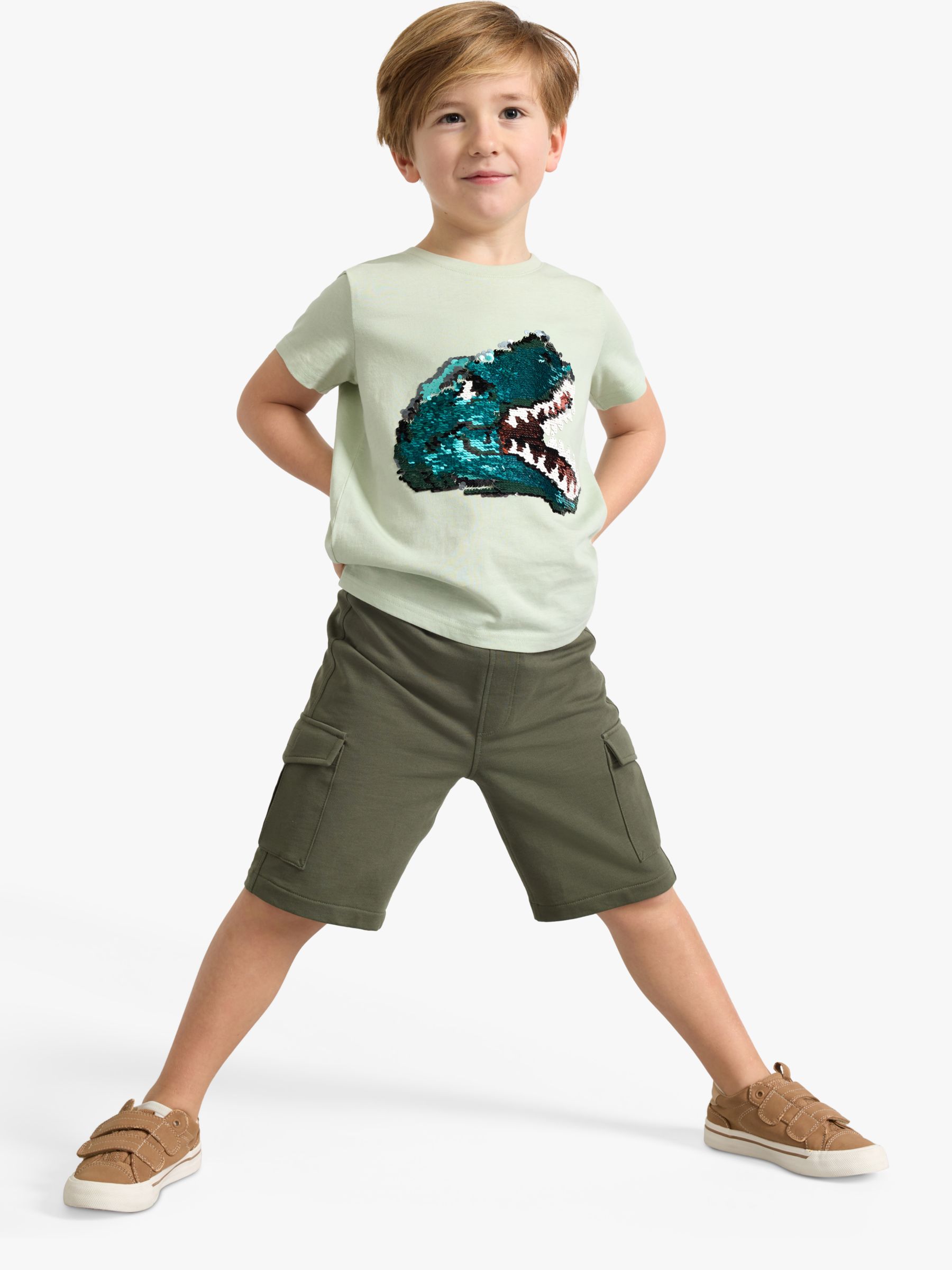 Lindex Kids' Dinosaur Reversible Sequin Short Sleeve T-Shirt, Dusty Green, 6-8 years