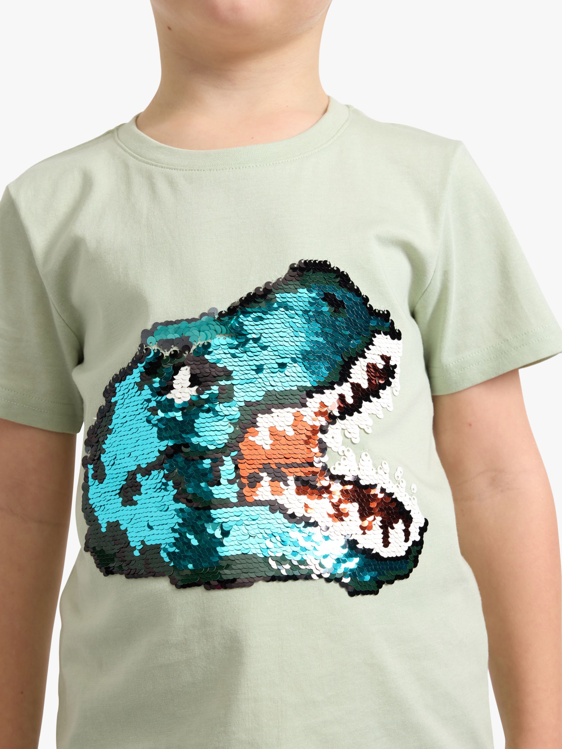 Lindex Kids' Dinosaur Reversible Sequin Short Sleeve T-Shirt, Dusty Green, 6-8 years