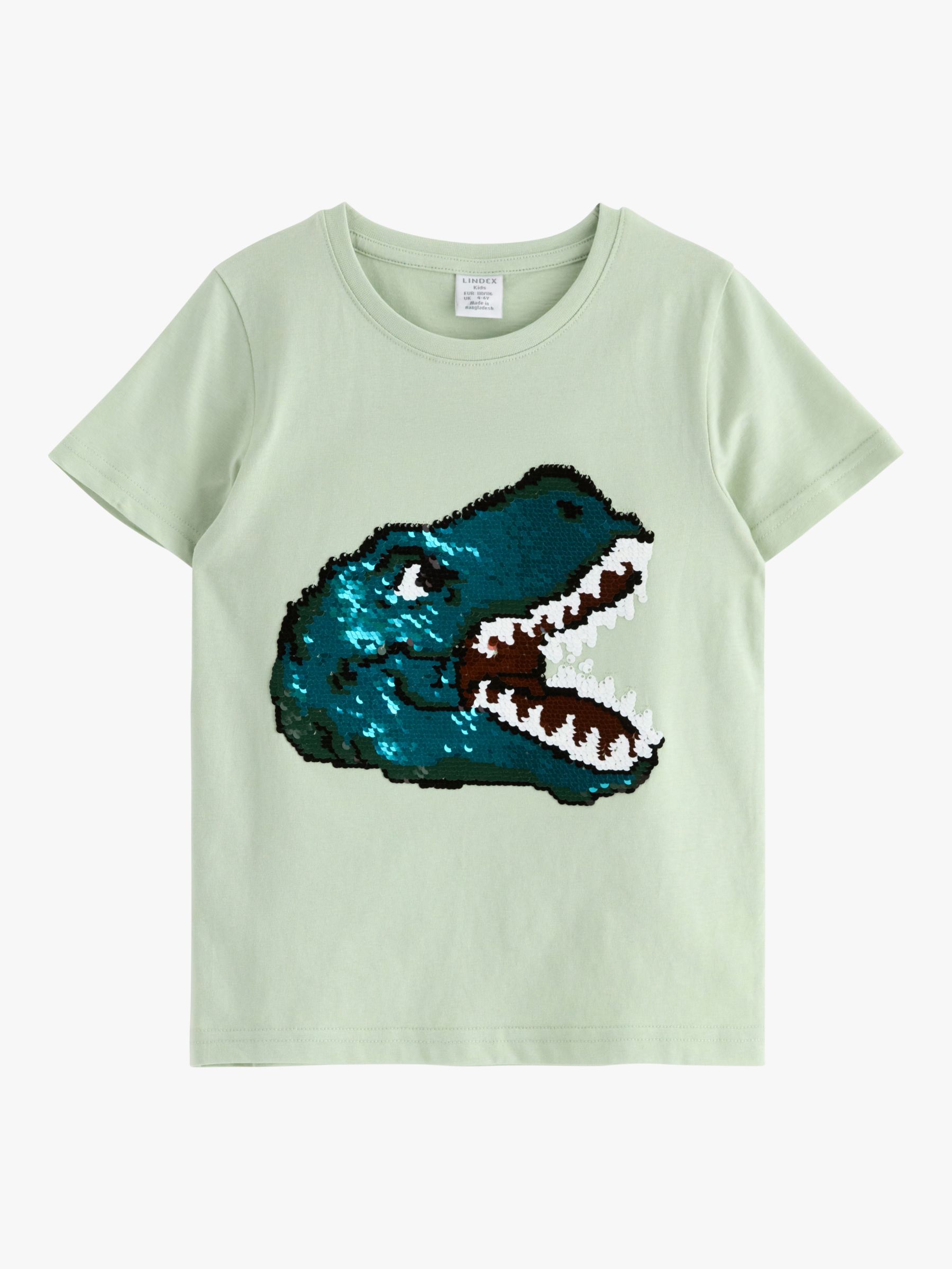 Lindex Kids' Dinosaur Reversible Sequin Short Sleeve T-Shirt, Dusty Green, 6-8 years