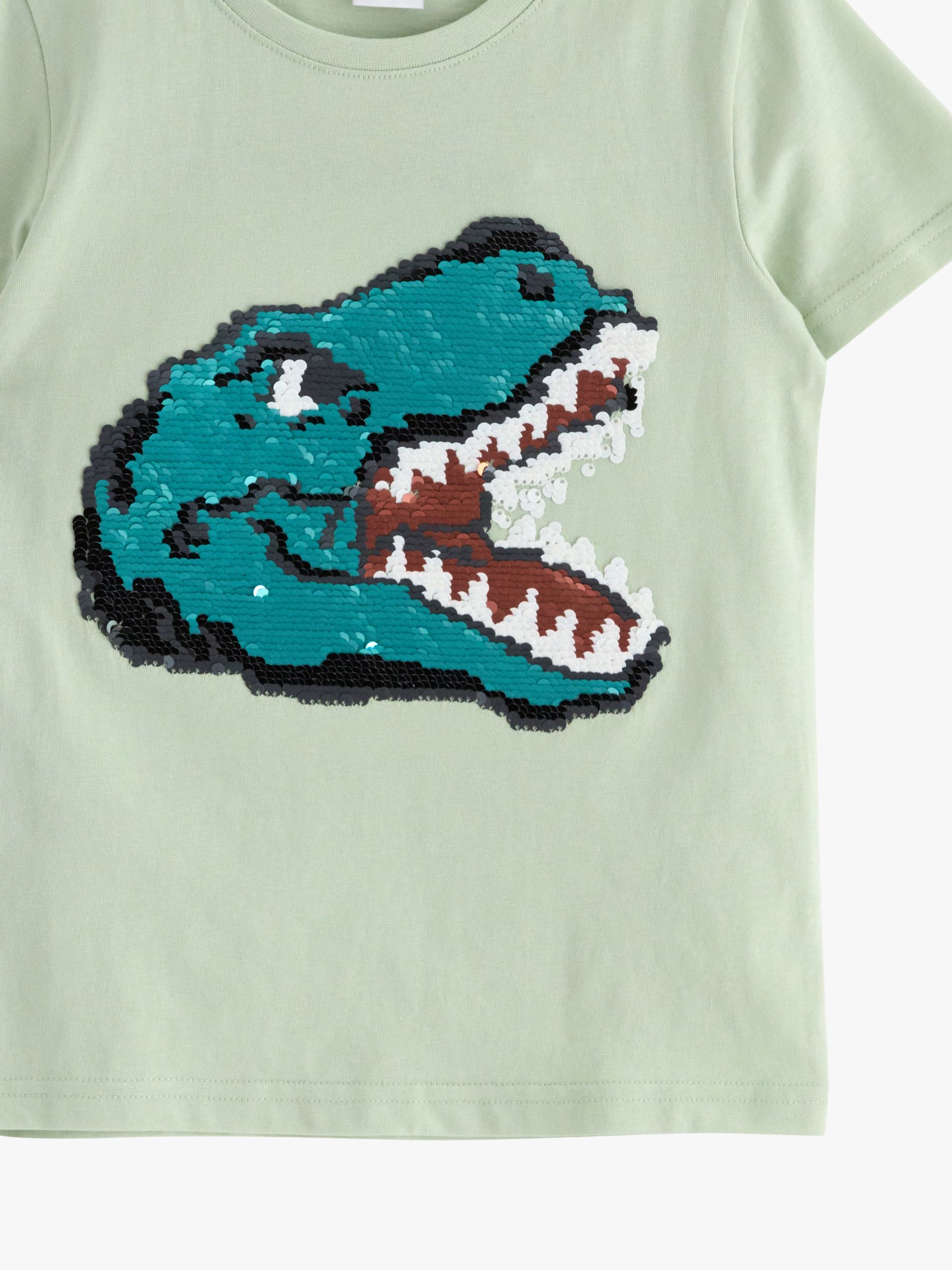 Lindex Kids' Dinosaur Reversible Sequin Short Sleeve T-Shirt, Dusty Green, 6-8 years