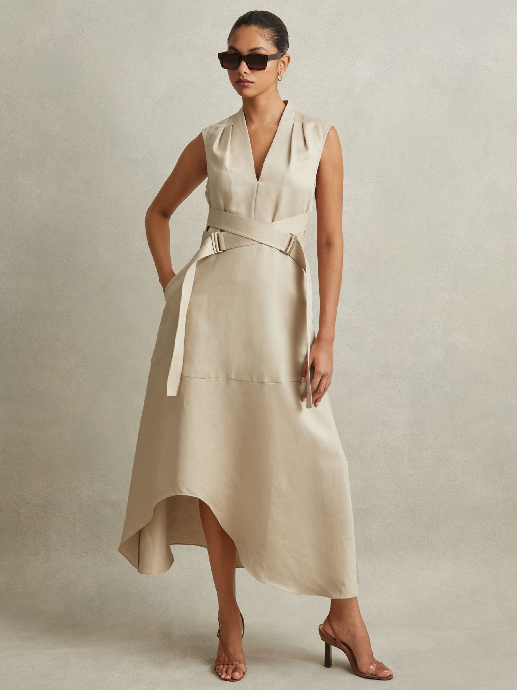 Reiss Ava Asymmetrical Hem Linen Blend Midi Dress, Neutral, 6