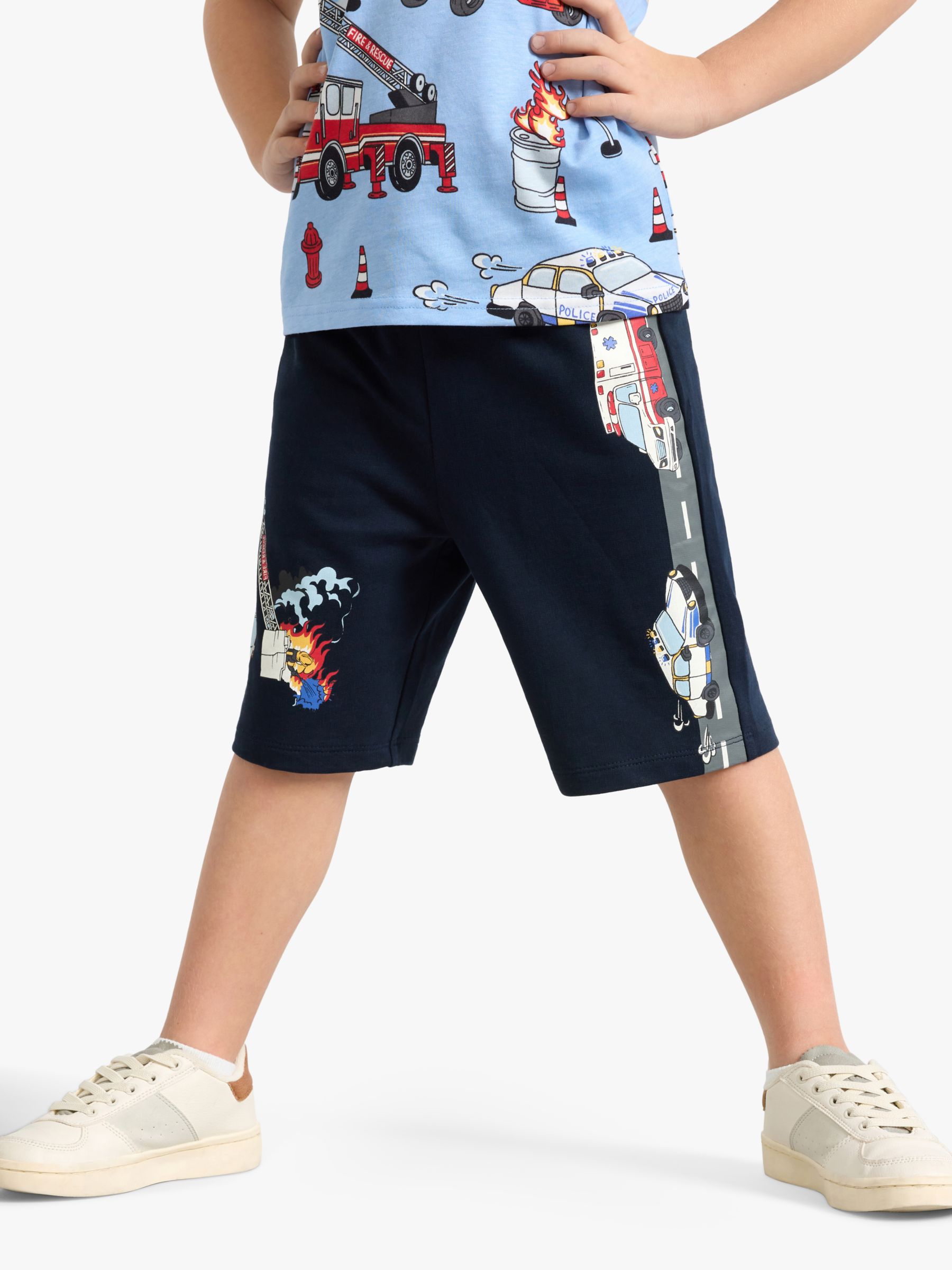 Lindex Kids' Organic Cotton Vehicle Print Soft Shorts, Dark Navy, 2-4 years