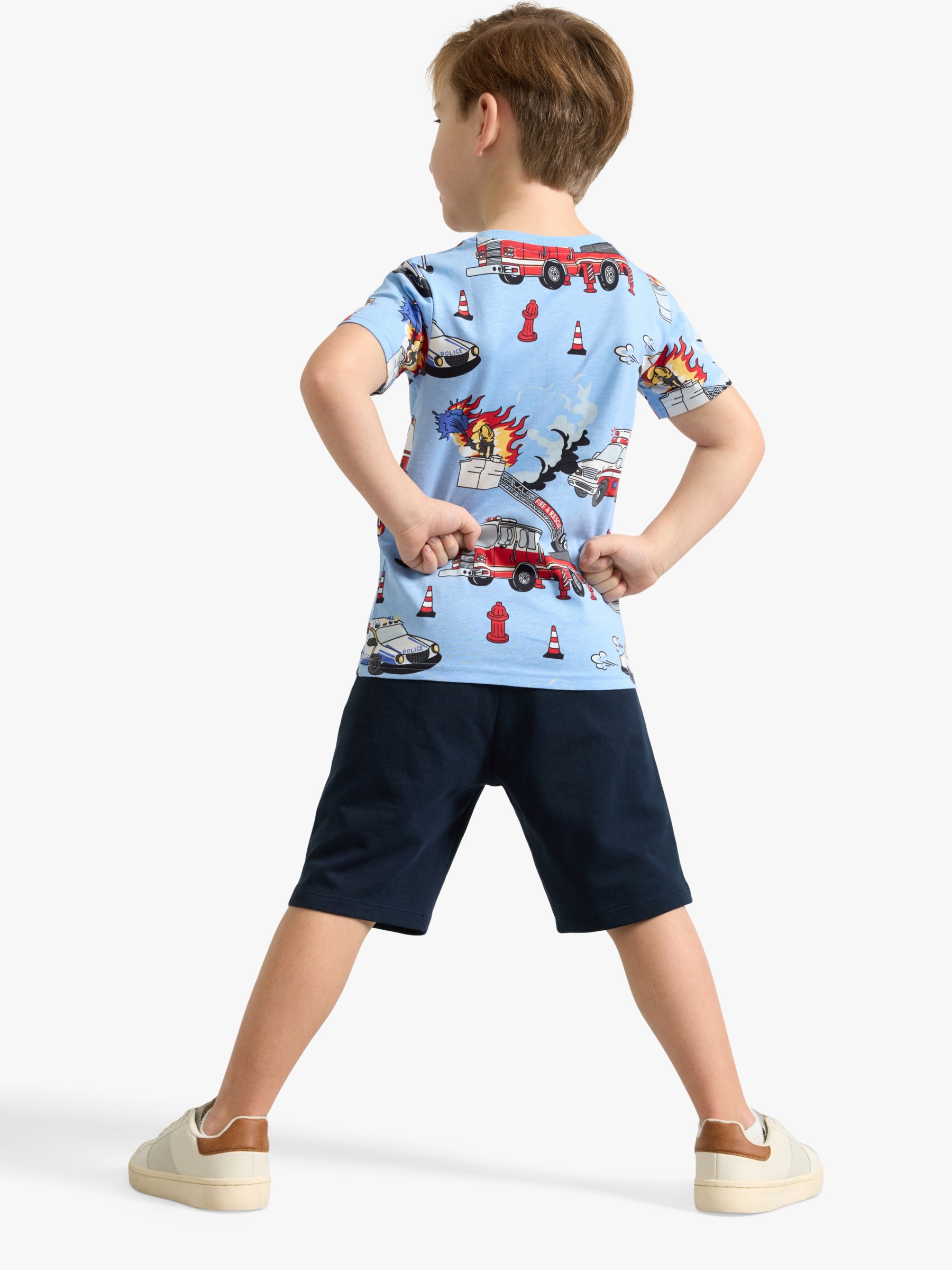 Lindex Kids' Organic Cotton Vehicle Print Soft Shorts, Dark Navy, 2-4 years