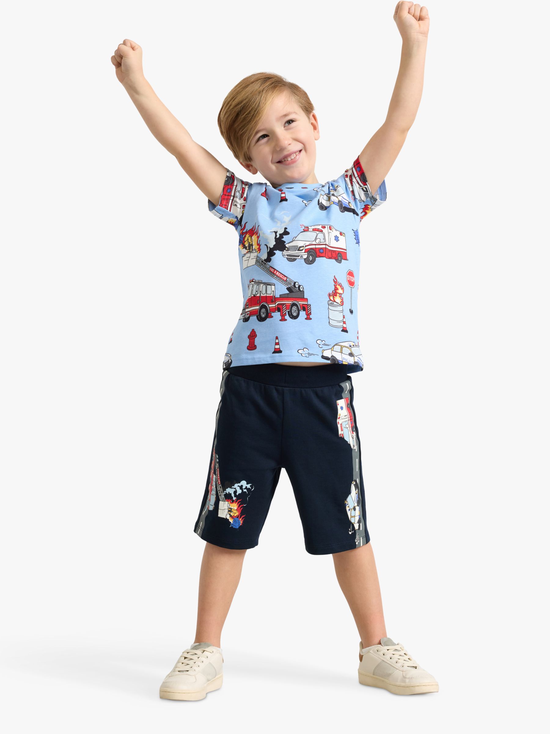 Lindex Kids' Organic Cotton Vehicle Print Soft Shorts, Dark Navy, 2-4 years