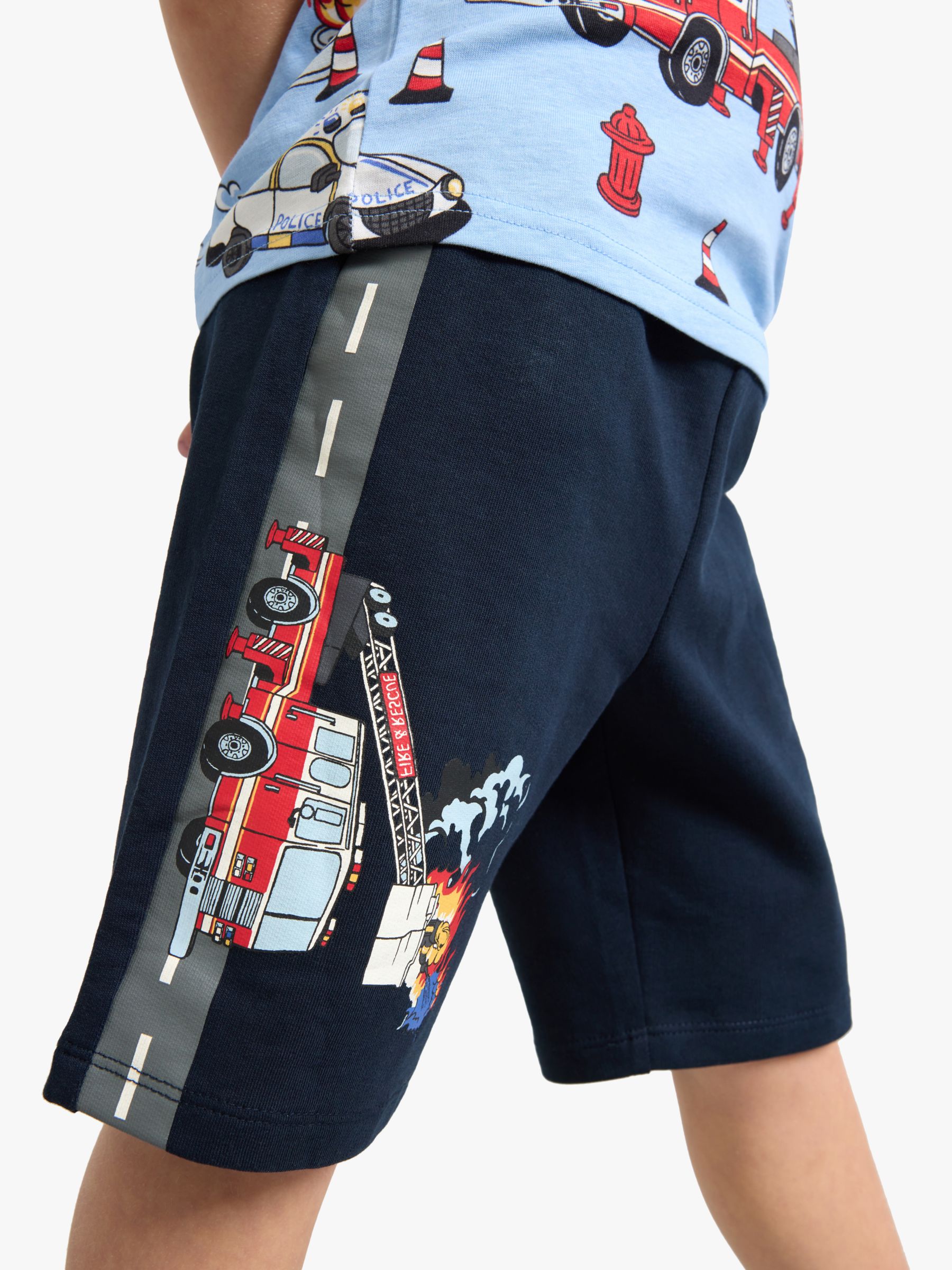 Lindex Kids' Organic Cotton Vehicle Print Soft Shorts, Dark Navy, 2-4 years