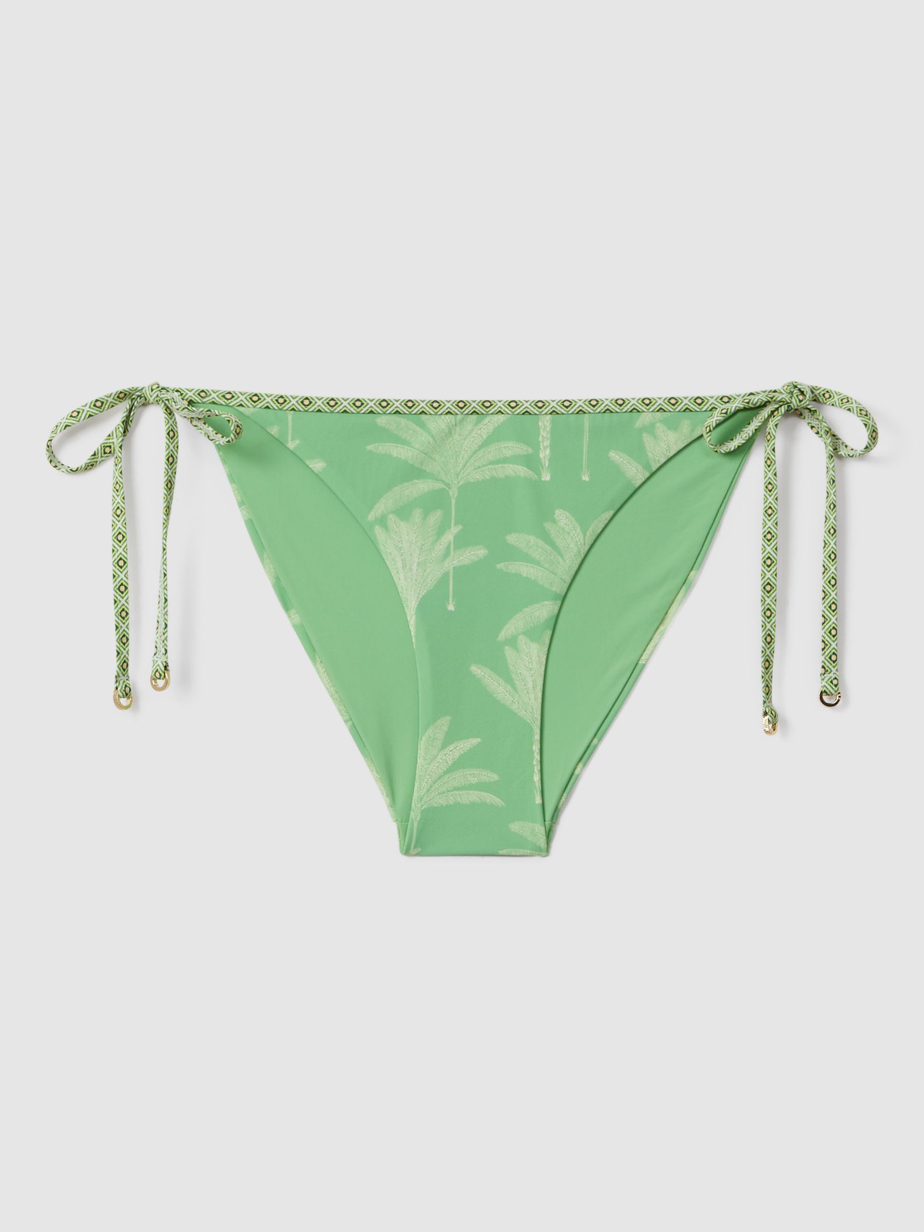 Reiss Thia Palm Tree Print Tie Side Bikini Bottoms, Green/Cream, 6