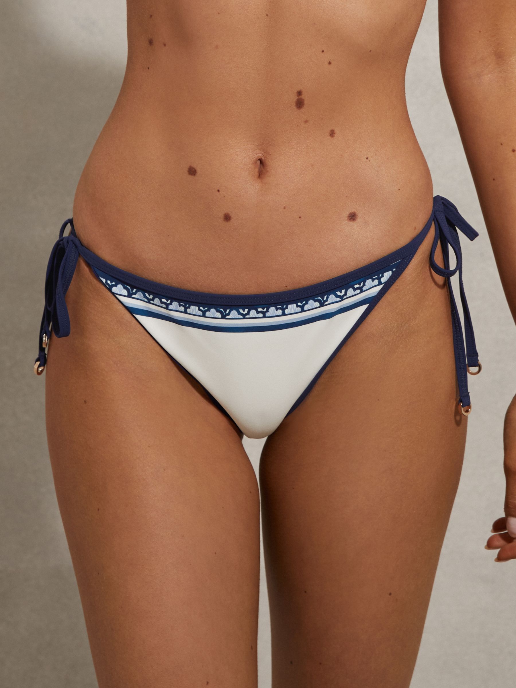Reiss Tina Contrast Trim Tie Side Bikini Bottoms, White/Blue, 6