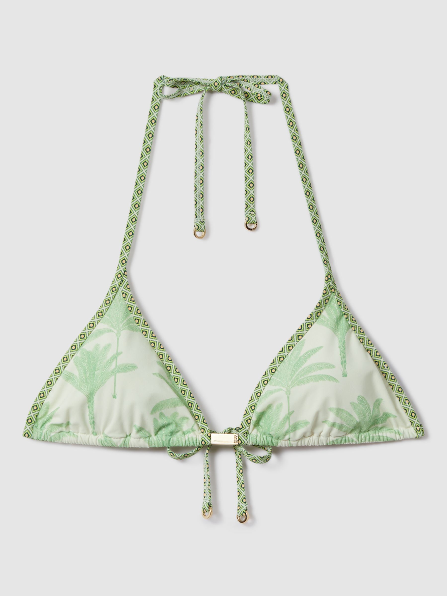 Reiss Thia Palm Tree Print Triangle Bikini Top, Green/Cream, 6