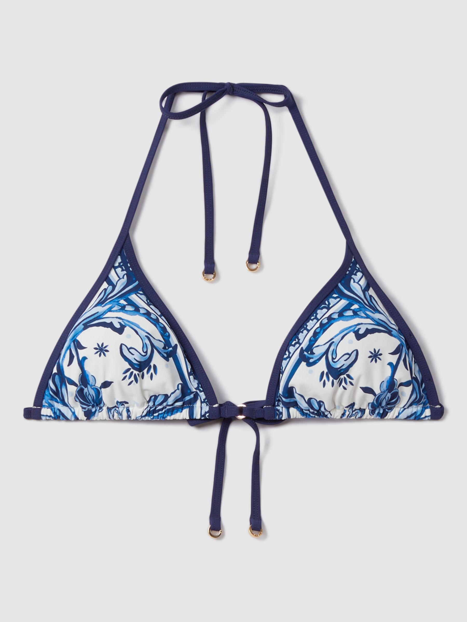 Reiss Tina Abstract Fern Print Triangle Bikini Top, White/Blue, 6
