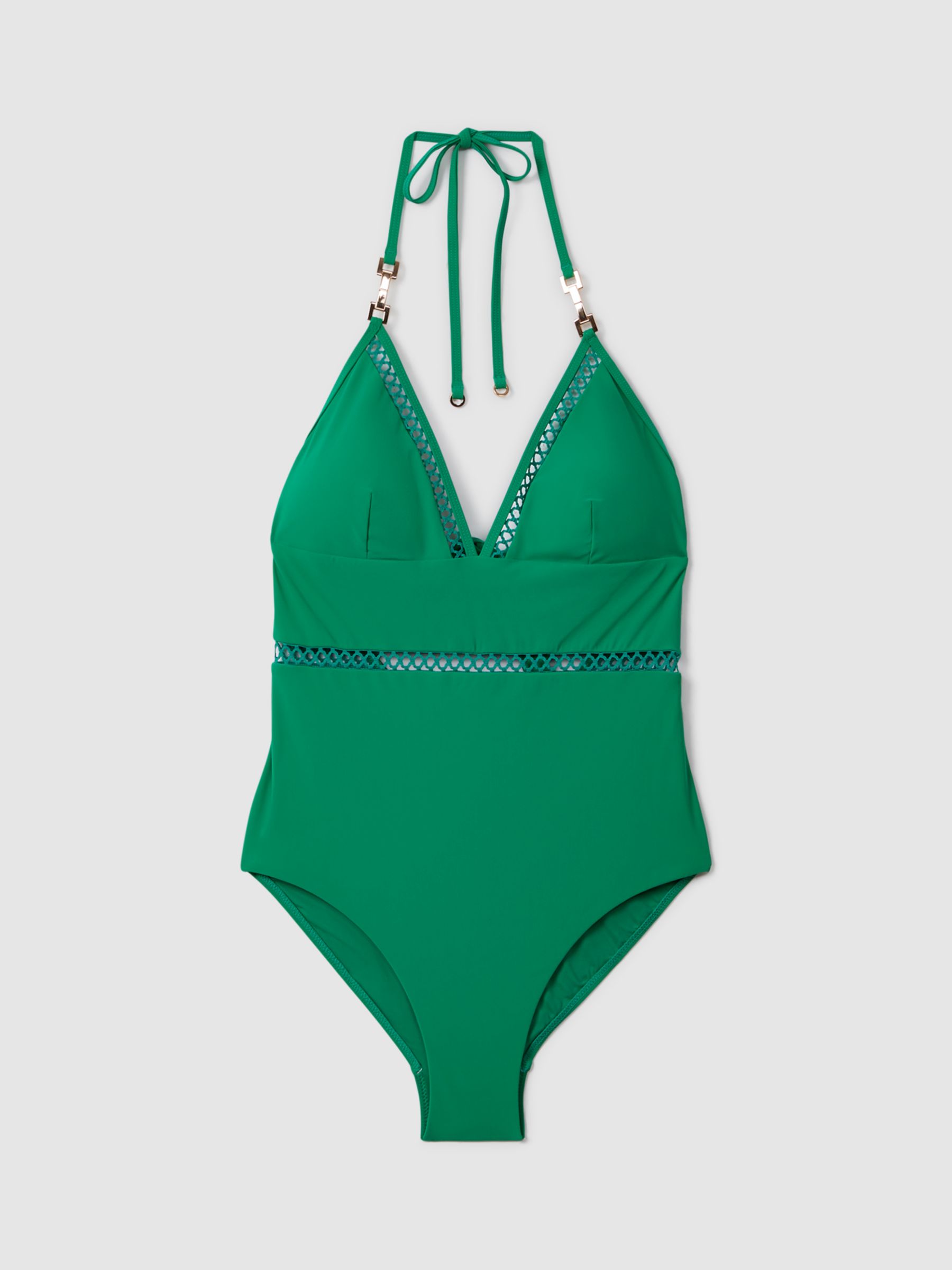 Reiss Rita Latice Detail Halterneck Swimsuit, Green, 6