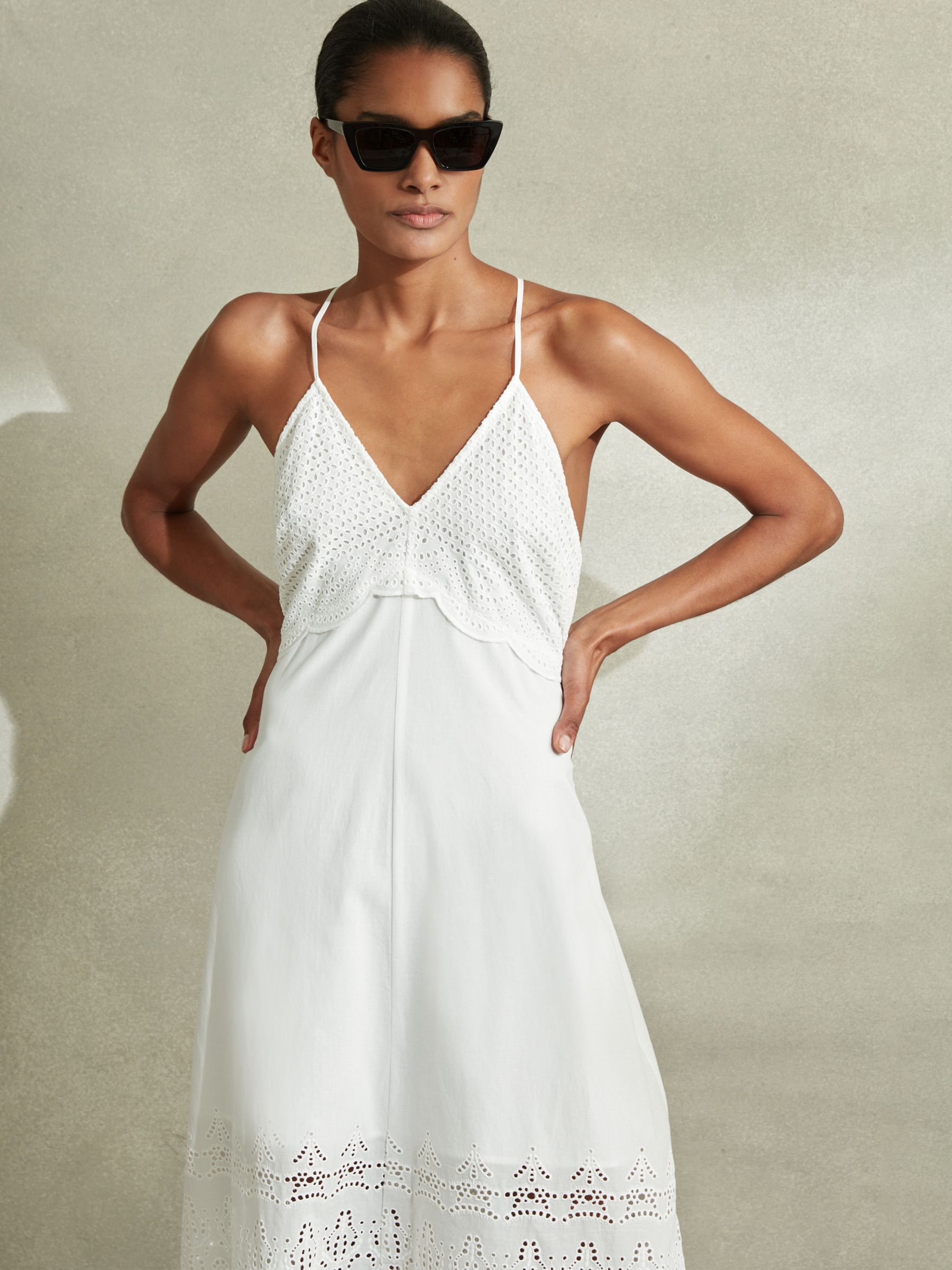 Reiss Tate Broderie Cross Back Maxi Dress, White, 6