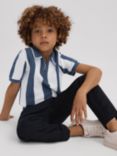 Reiss Kids' Paros Stripe Half Zip Short Sleeve Top, Airforce Blue/Ecru