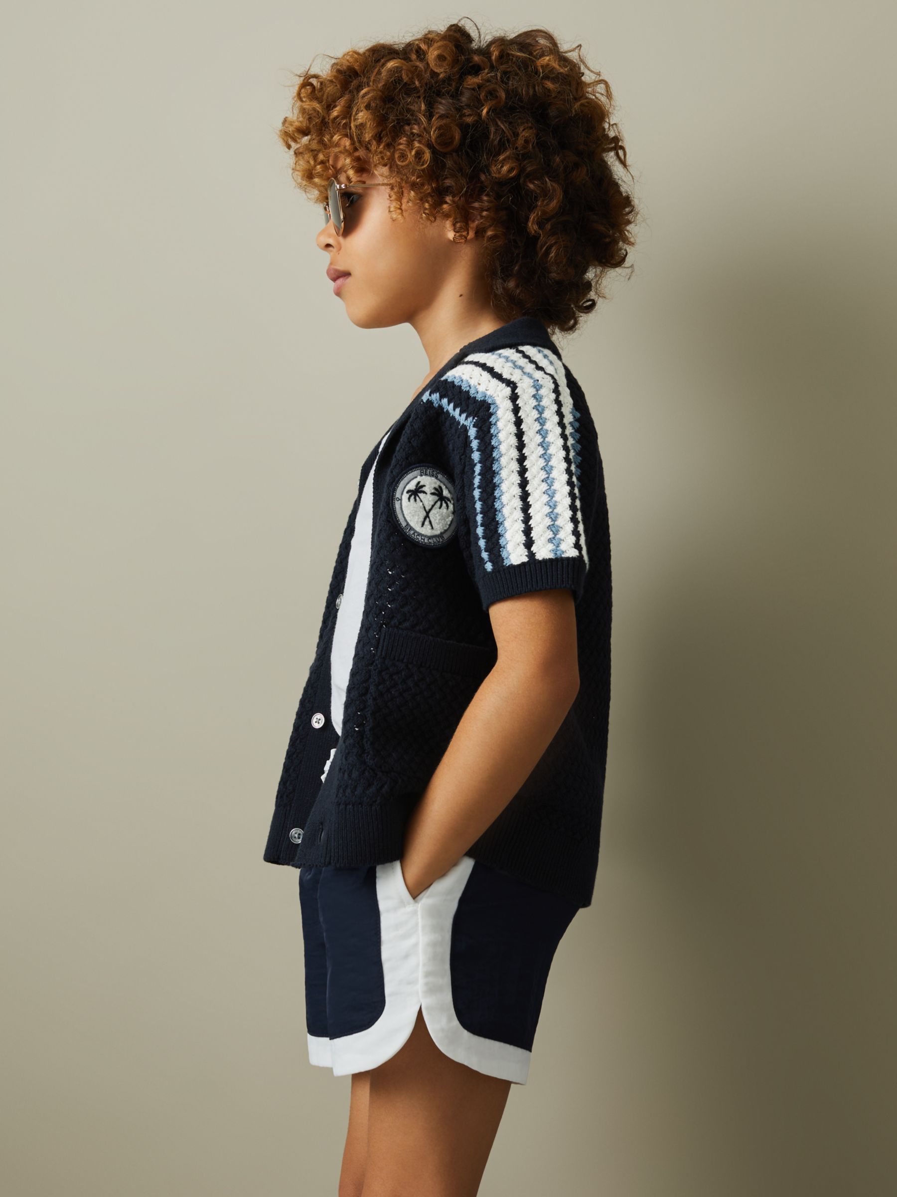 Reiss Kids' Sandy Cotton Knit Cuban Collar Short Sleeve Shirt, Navy, 3-4 years