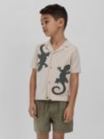 Reiss Kids' Reggie Reptile Embroidered Knit Cuban Collar Shirt, Stone