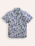 Mini Boden Kids' Linen Blend Seashore Print Short Sleeve Shirt, Sapphire Blue