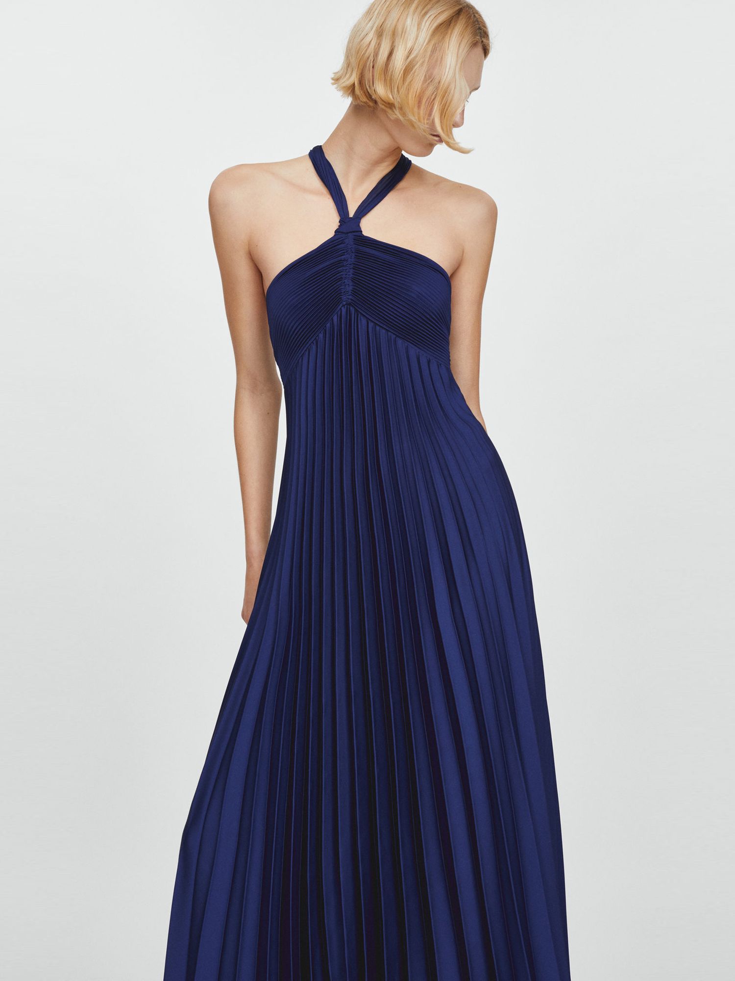 Mango Anis Pleated Halterneck Dress, Dark Blue, 10