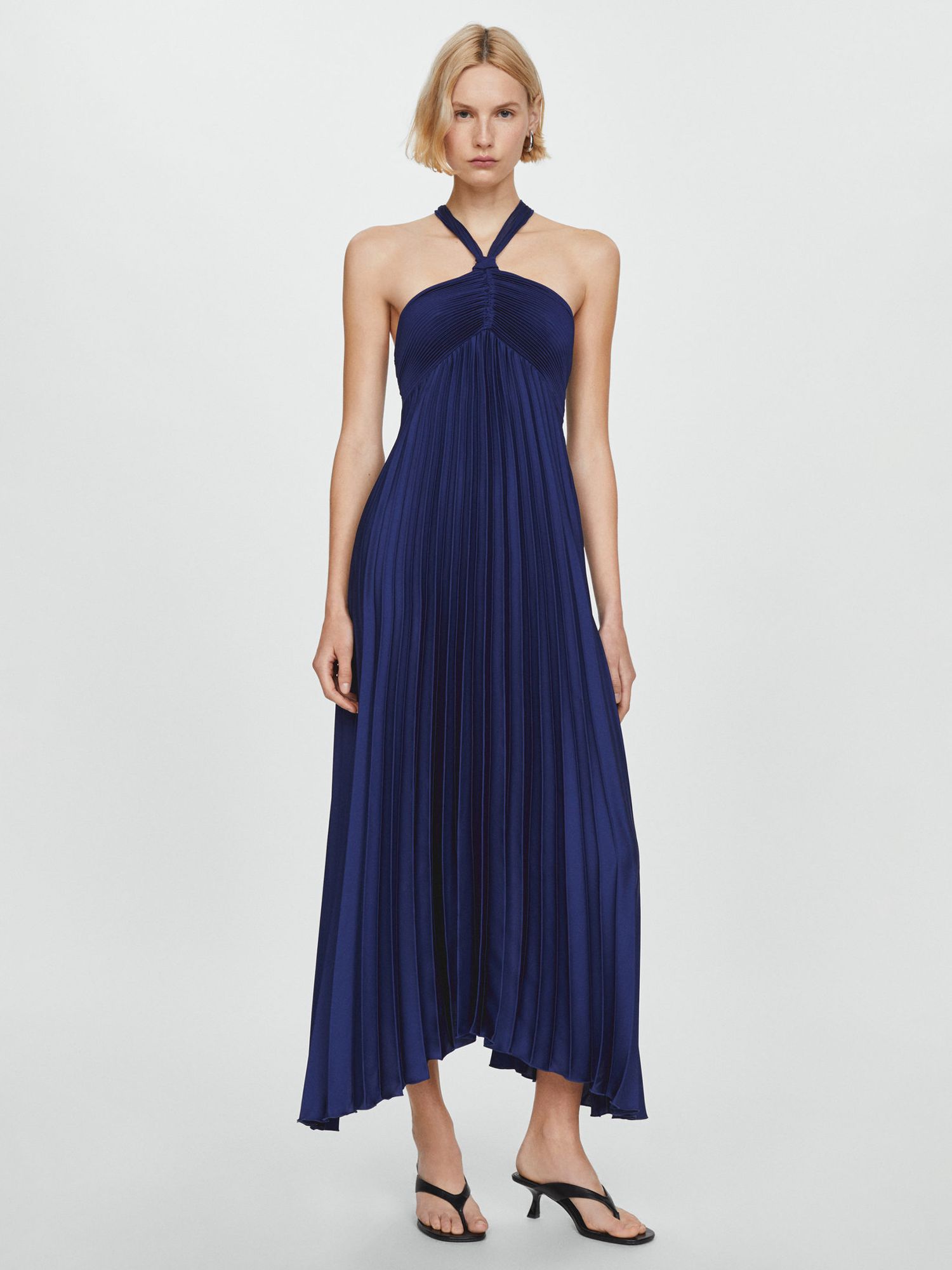 Mango Anis Pleated Halterneck Dress, Dark Blue, 10