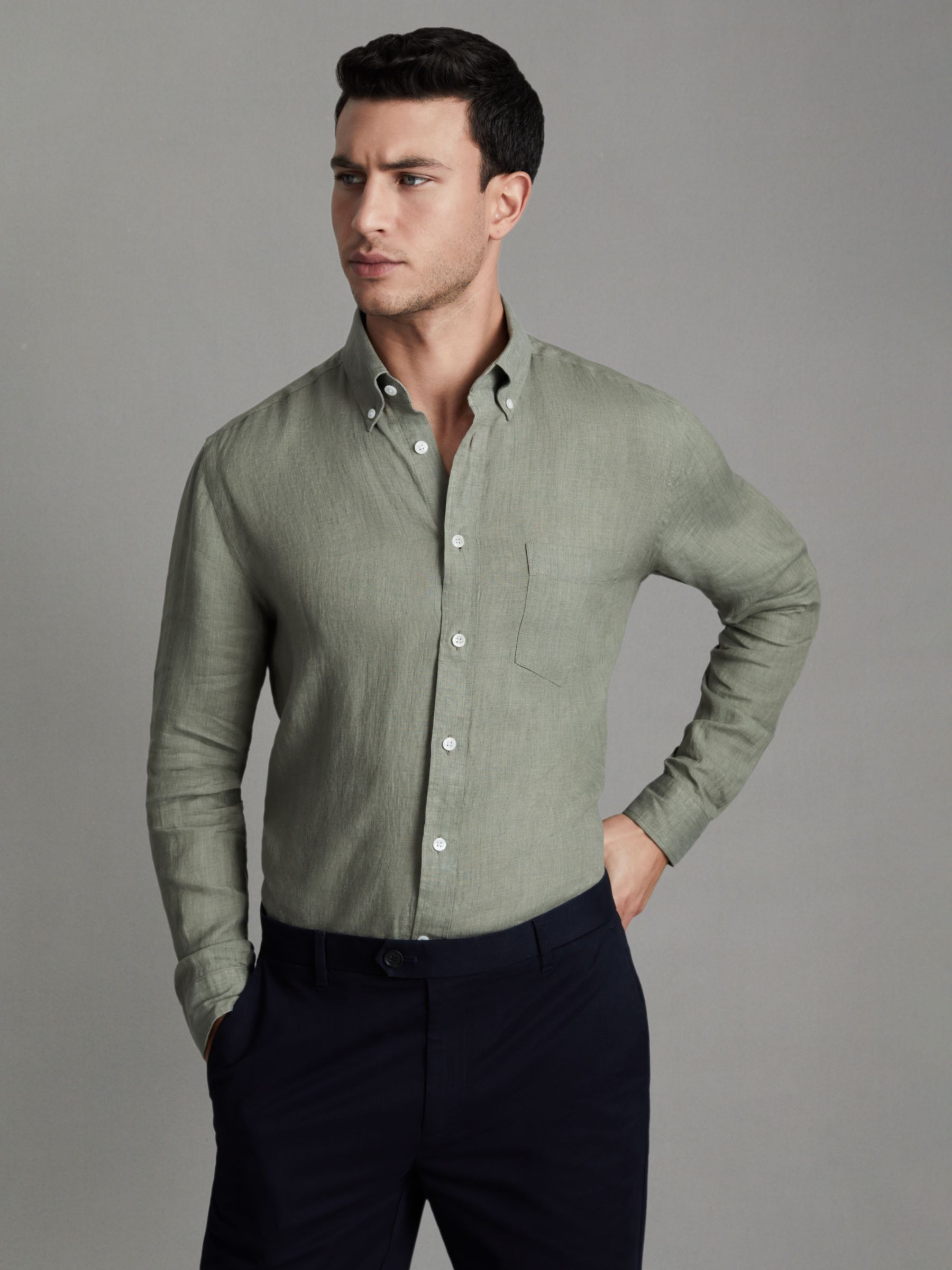 Reiss Queen Long Sleeve Linen Shirt, Pistachio