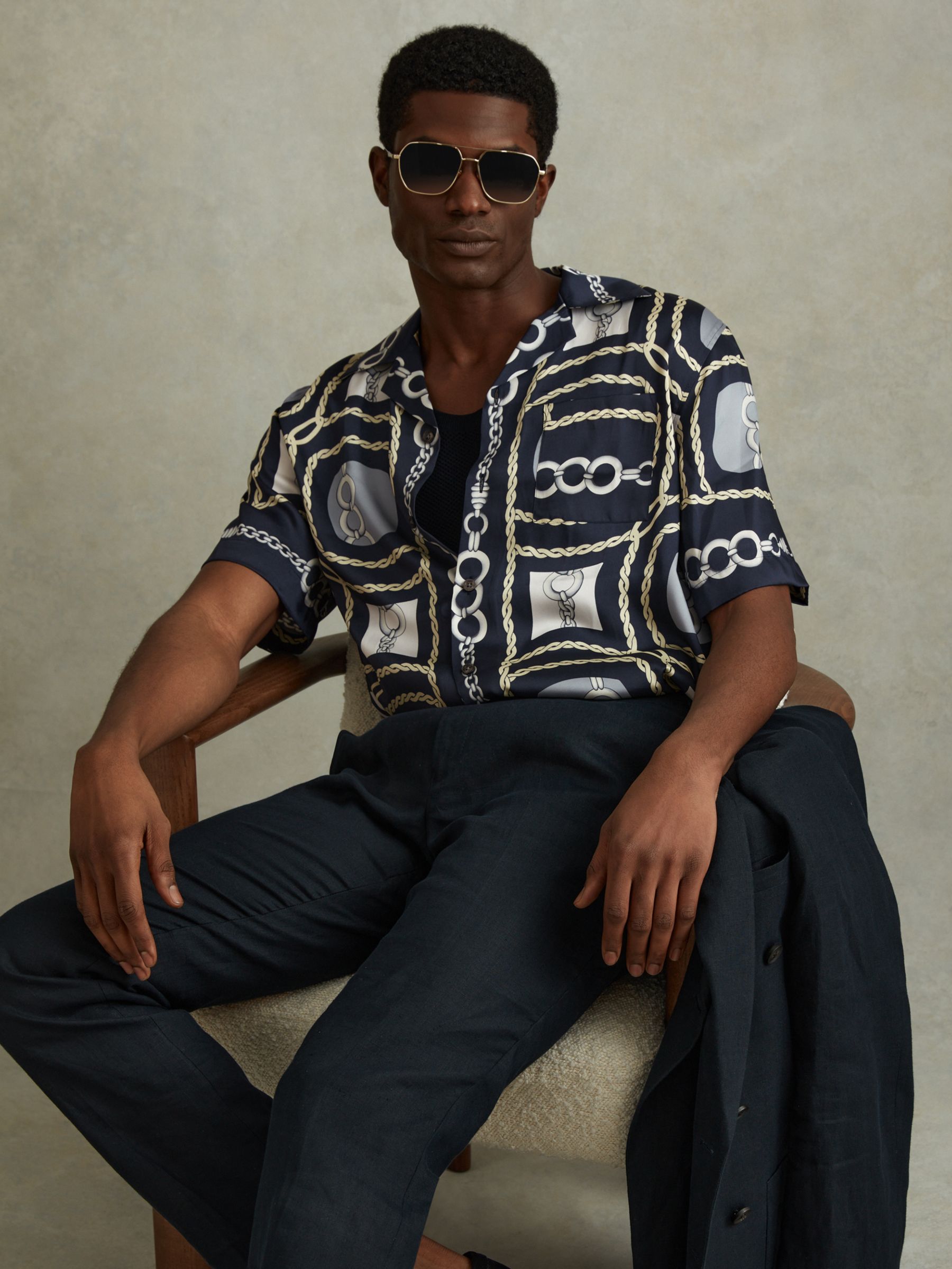 Reiss Jenson Short Sleeve Cuban Chain Shirt, Navy/Multi, XS