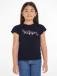 Tommy Hilfiger Kids' Glitter Logo Frill Sleeve T-Shirt, Desert Sky